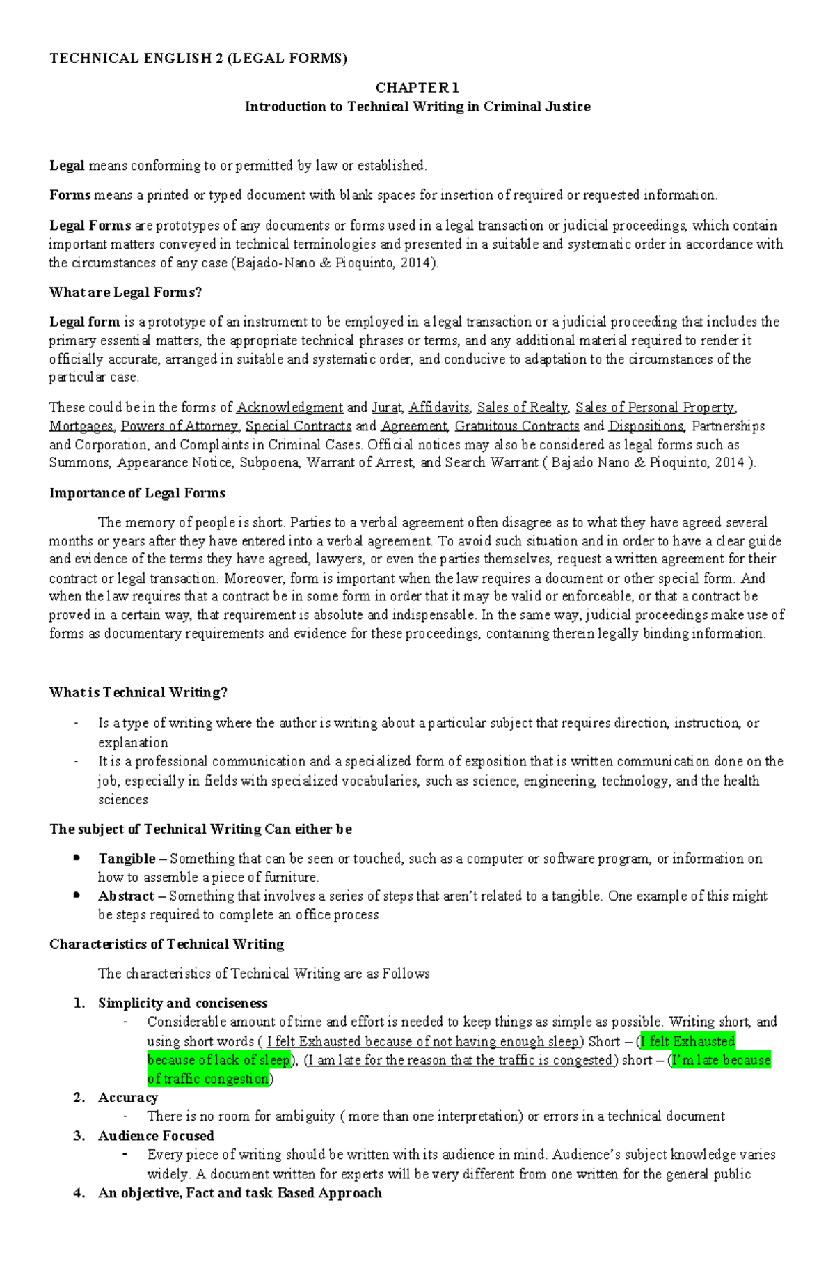 Technical English 2 CDI108: Legal Forms in Criminal Justice Study Notes ...