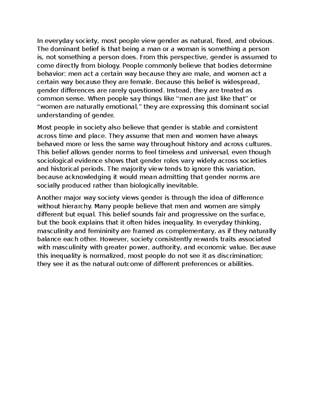 Gender Perspectives: Social Constructs vs. Biological Determinism - Studocu