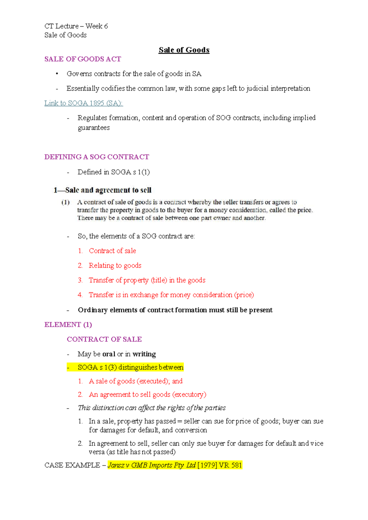 CT Lecture Week 6: Sale of Goods Act Overview and Key Concepts - Studocu