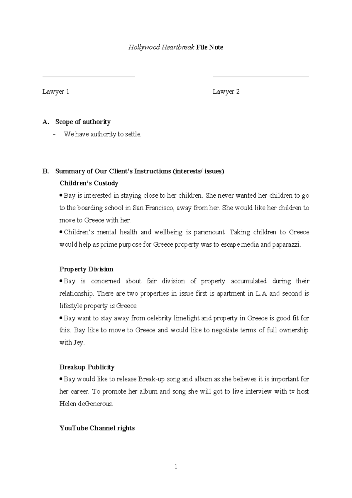 Negotiation file note - Hollywood Heartbreak File Note Lawyer 1 Lawyer ...