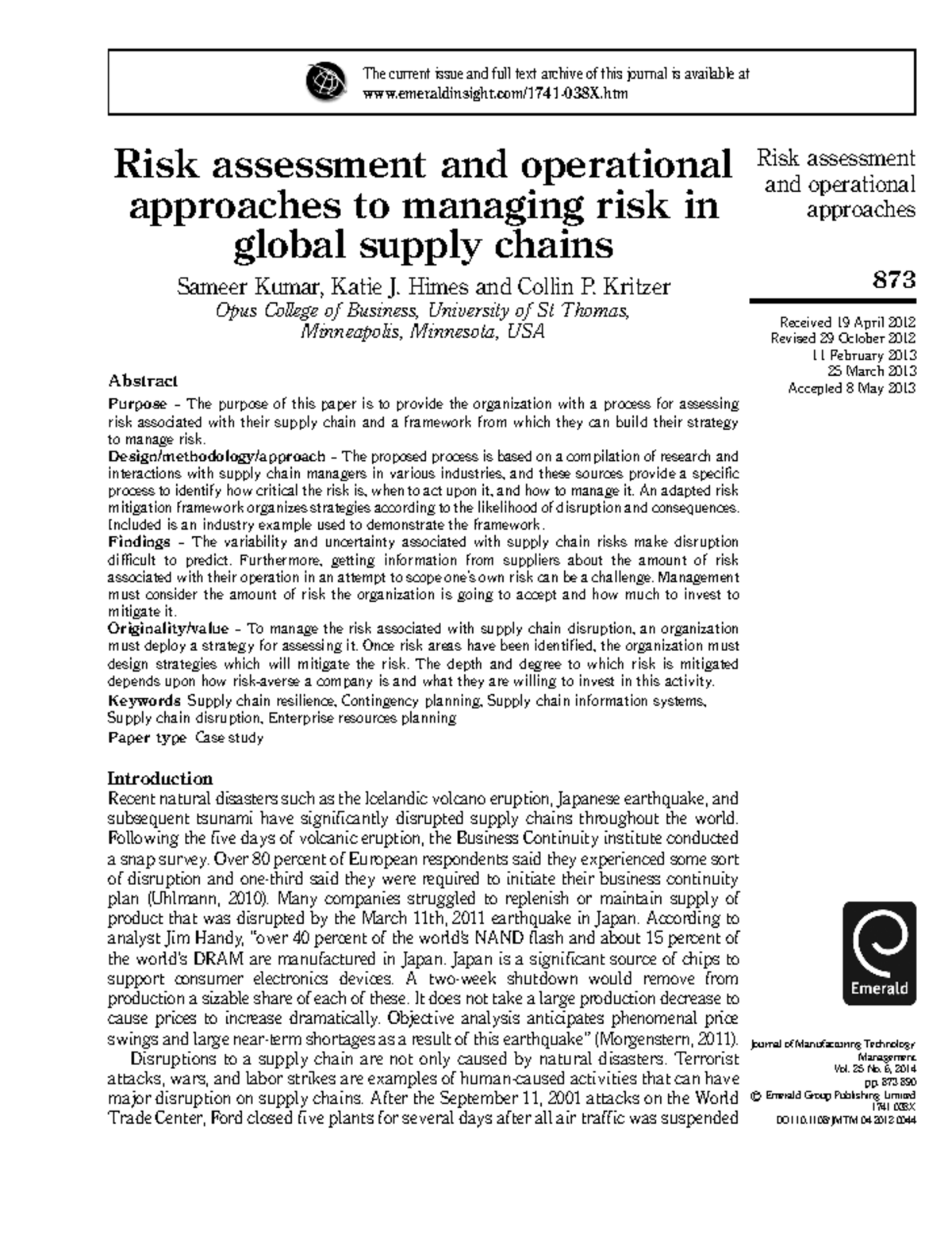 Risk Assessment & Operational Approaches in Global Supply Chains - Studocu
