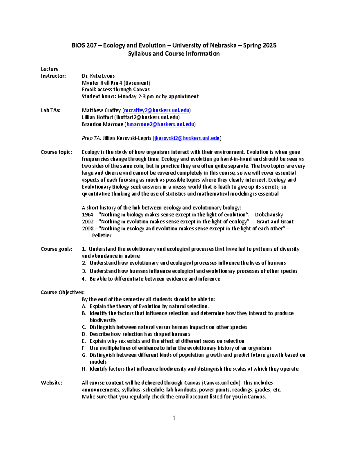 BIOS 207 Spring 2025 syllabus - BIOS 207 – Ecology and Evolution ...