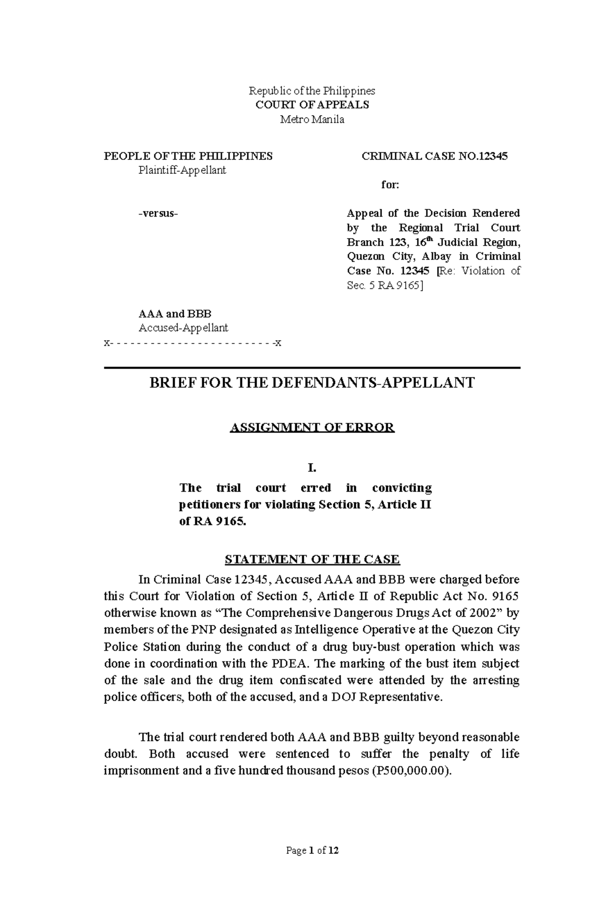 Appellant's Brief for Criminal Case No. 12345: RA 9165 Violation ...