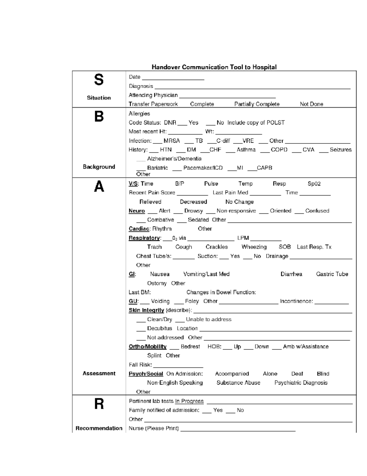 SBAR form-1 - SBAR for clinical - Handover Communication Tool to ...