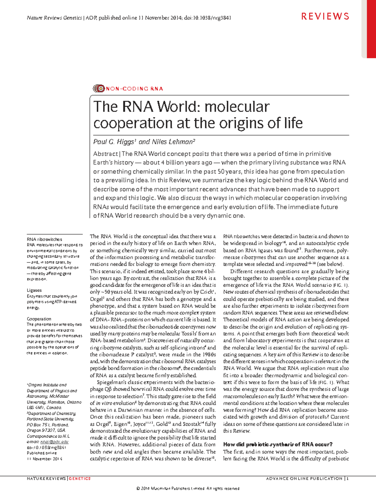 RNA World: Molecular Cooperation and the Origins of Life (GENETICS 2014 ...