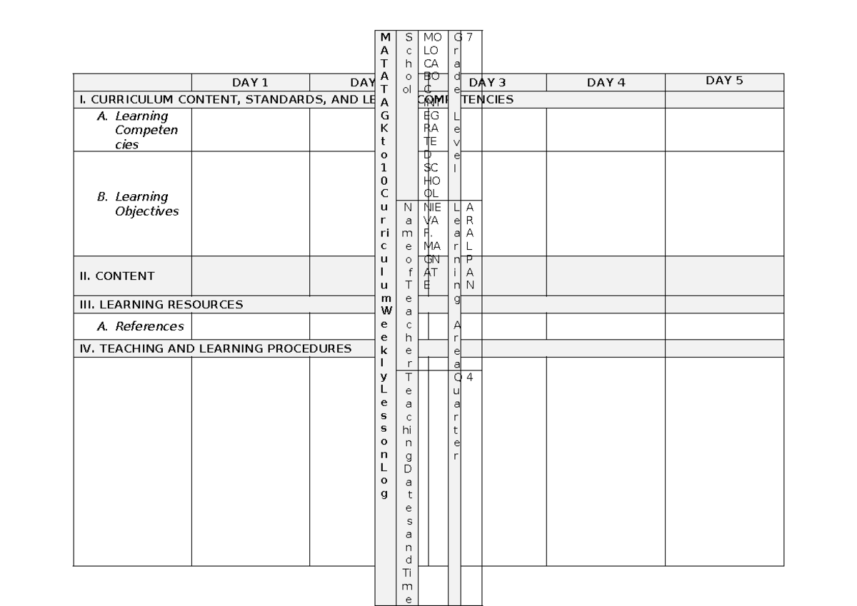 Lesson Exemplar Template English Version 2 Day 1 Day 2 Day 3 Day 4 Day 5 I Curriculum Content 4336