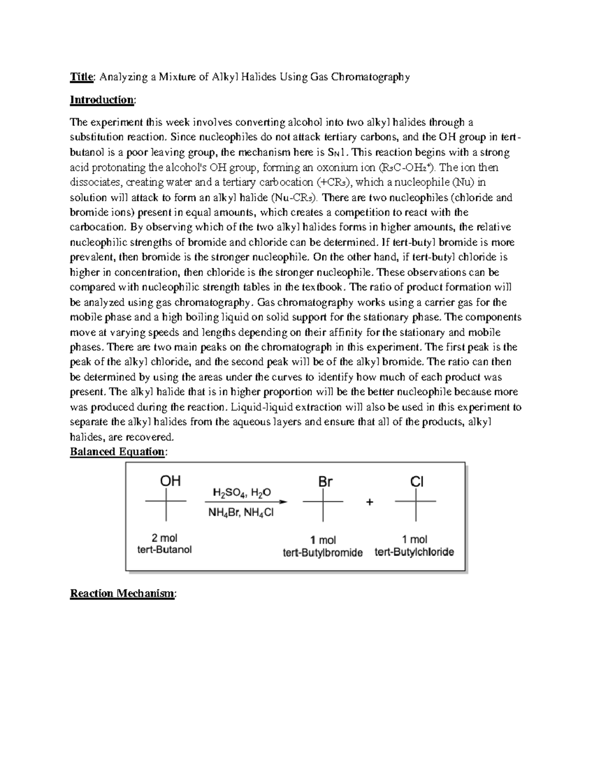 Chem 2211 Gas Chromatography Lab Report - Title: Analyzing a Mixture of ...