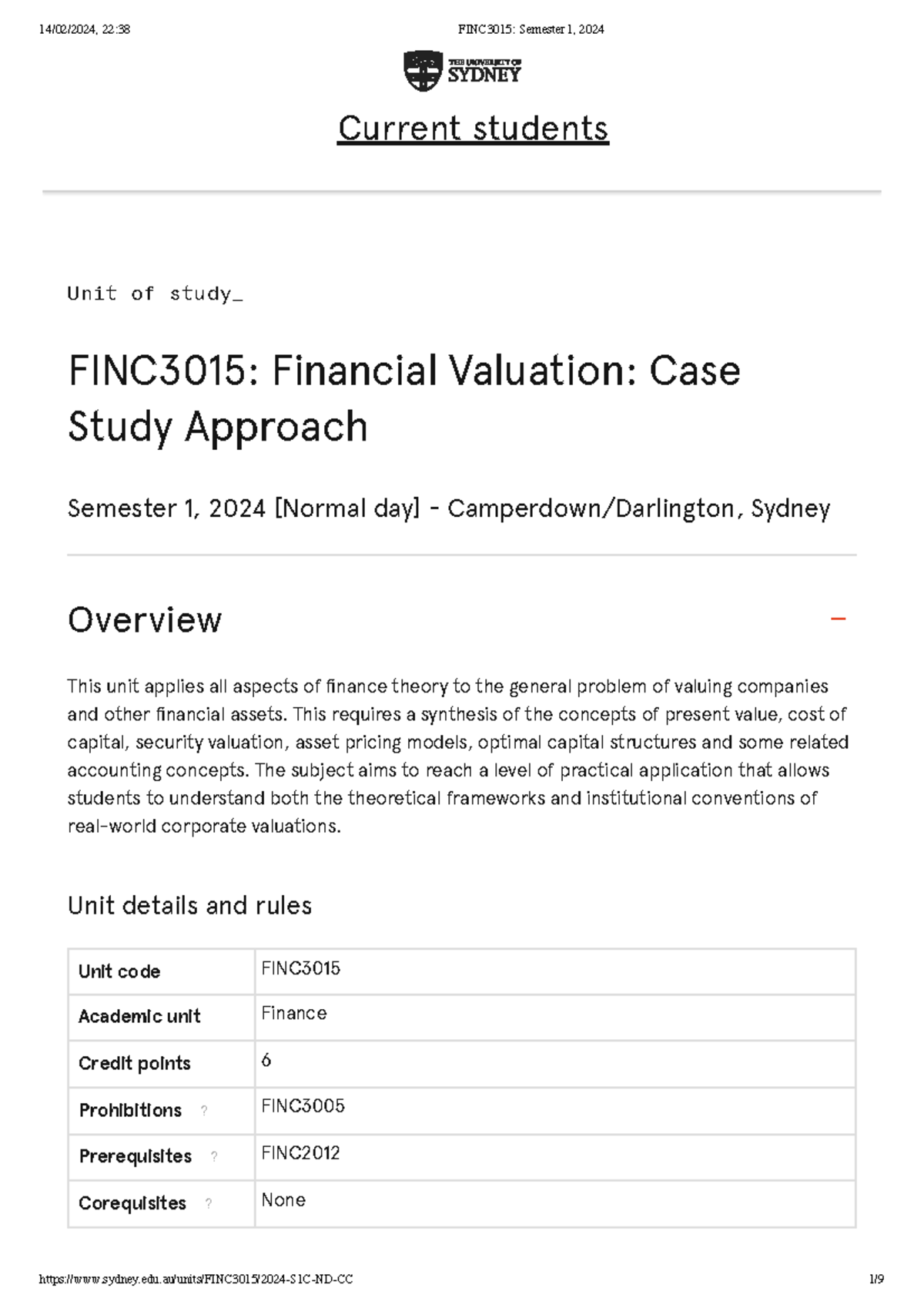FINC3015 Unit Outline: Financial Valuation Case Study for 2024 - Studocu