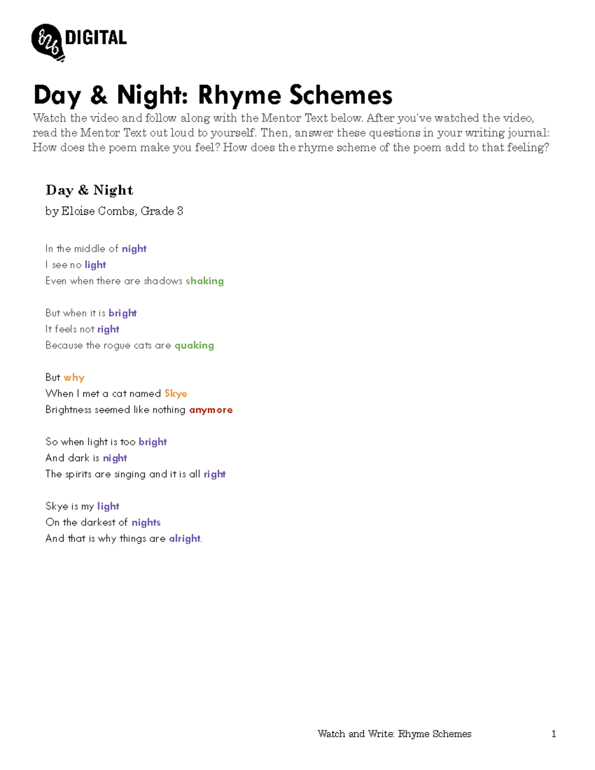 Rhyme Schemes — Handout 1 - Day & Night: Rhyme Schemes Watch the video ...