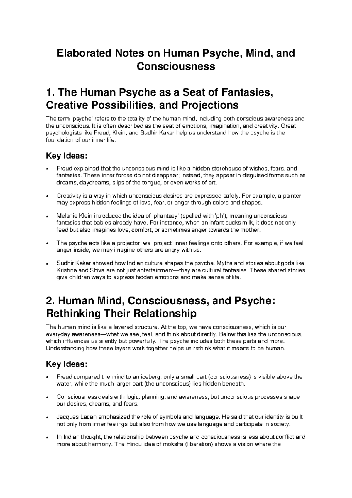 Elaborated Notes on Human Psyche and Consciousness 1 - Studocu
