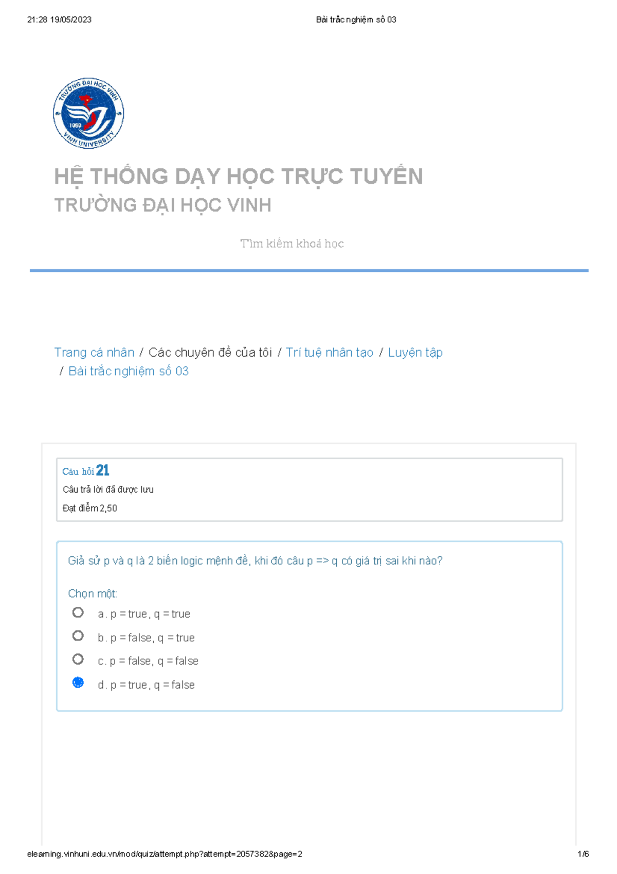 Bài trắc nghiệm số 03 - Trí tuệ nhân tạo - Trường ĐH Vinh - Document Preview