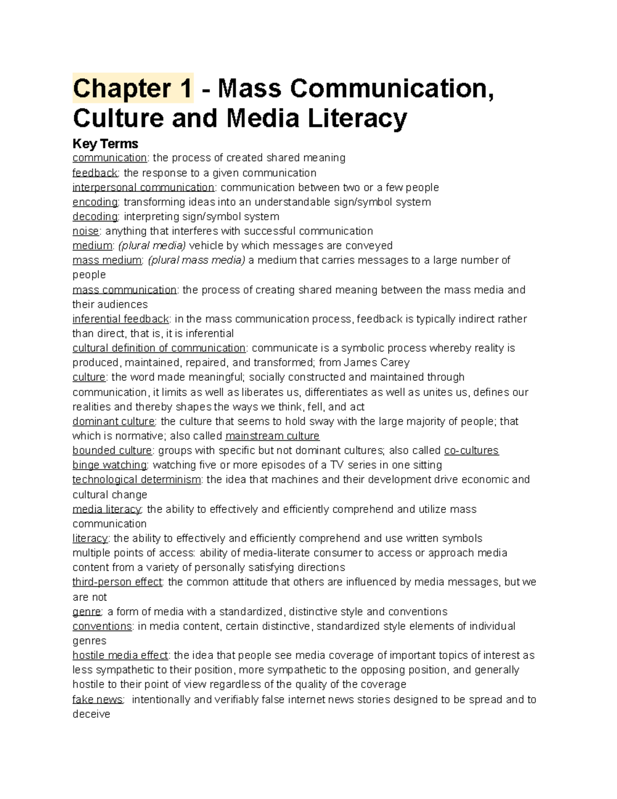 Comm 101 Chapter 1 - Mass Communication, Culture & Media Literacy - Studocu