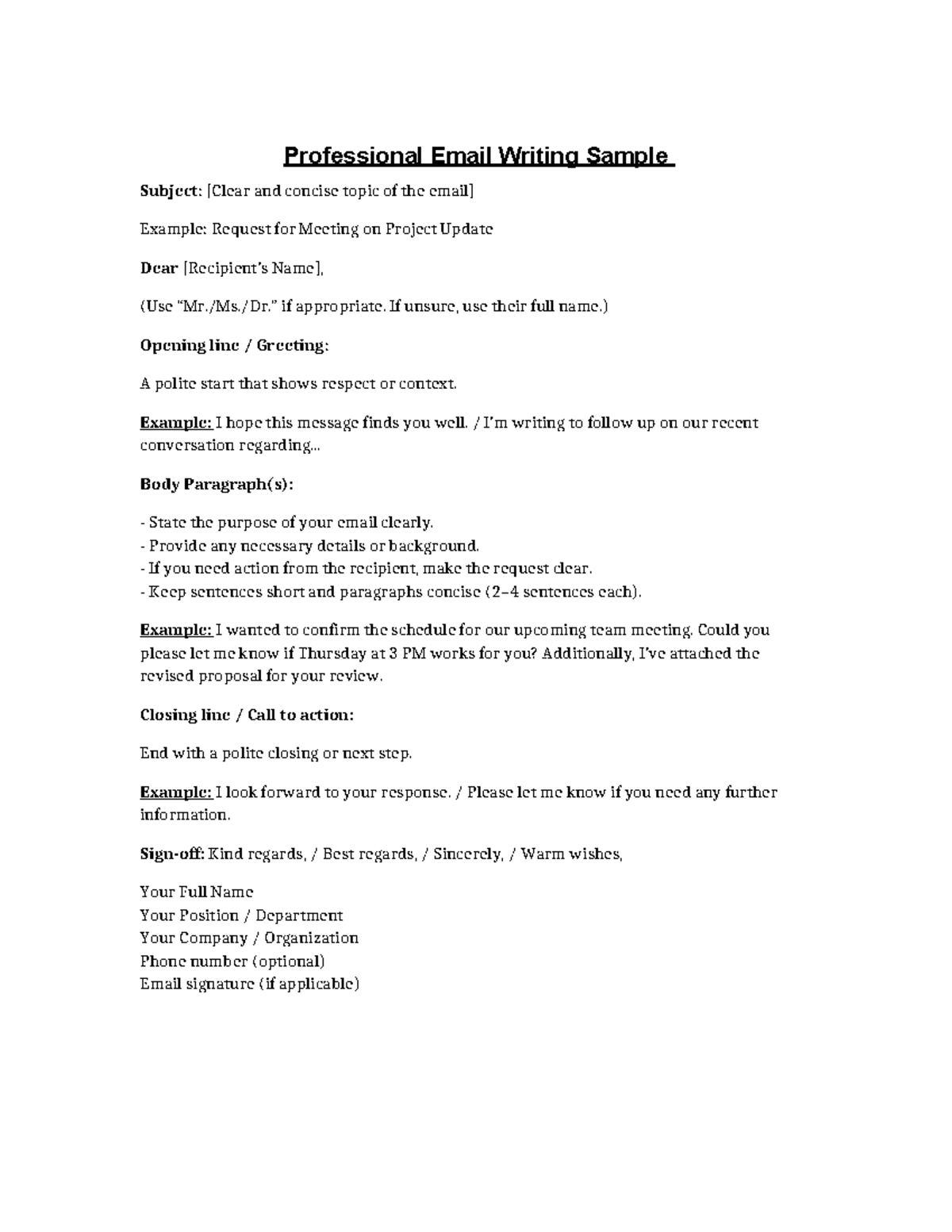 Professional Email Format Sample: Guidelines and Examples - Studocu