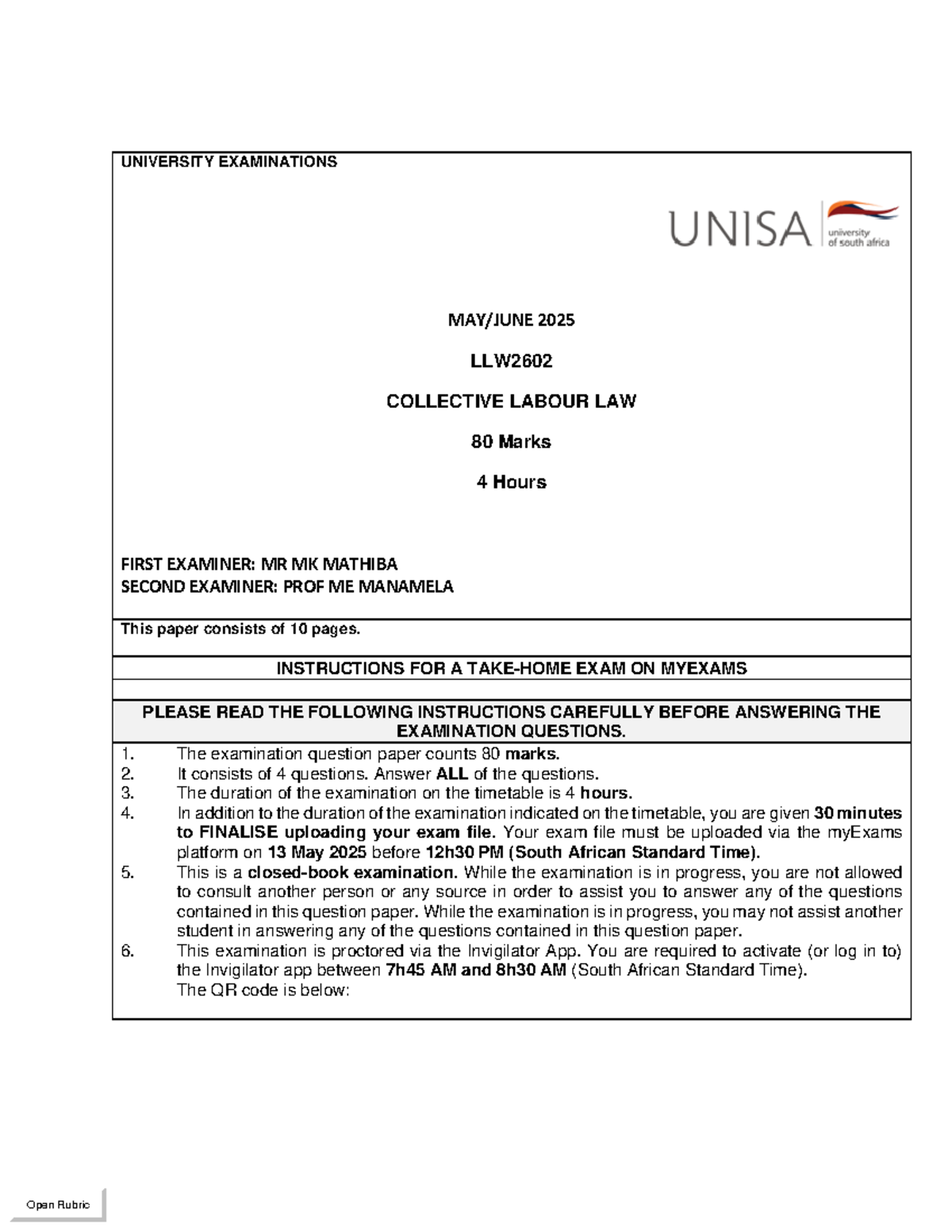 LLW2602 2025 Collective Labour Law Final Exam Instructions and ...