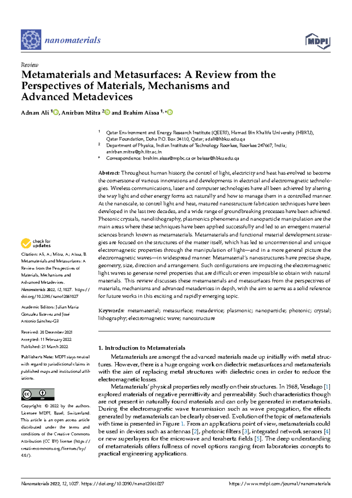 Metamaterials and Metasurfaces: A Comprehensive Review on Advanced ...