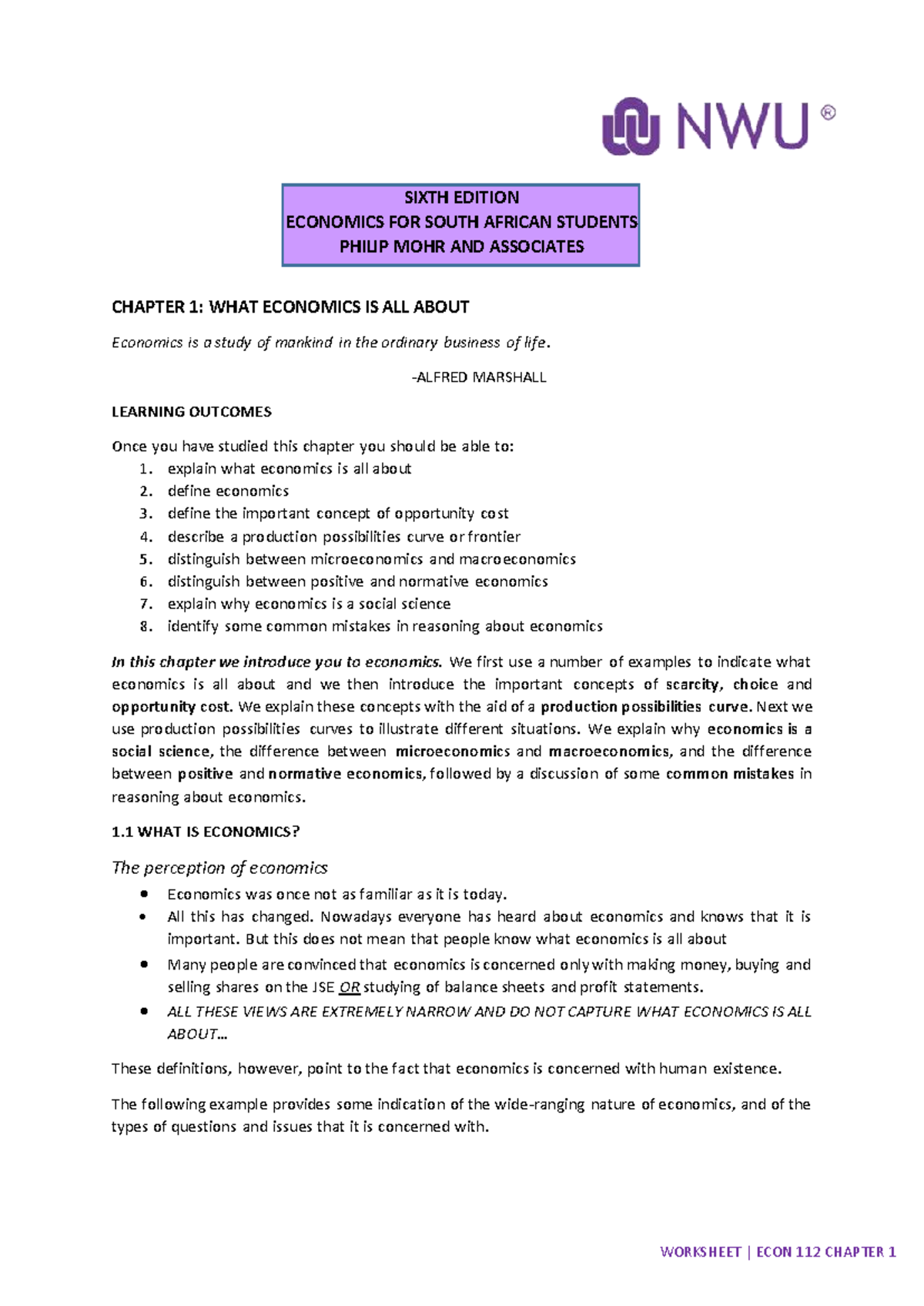 Econom 112 worksheet chapter 1: Understanding the basics of economics ...