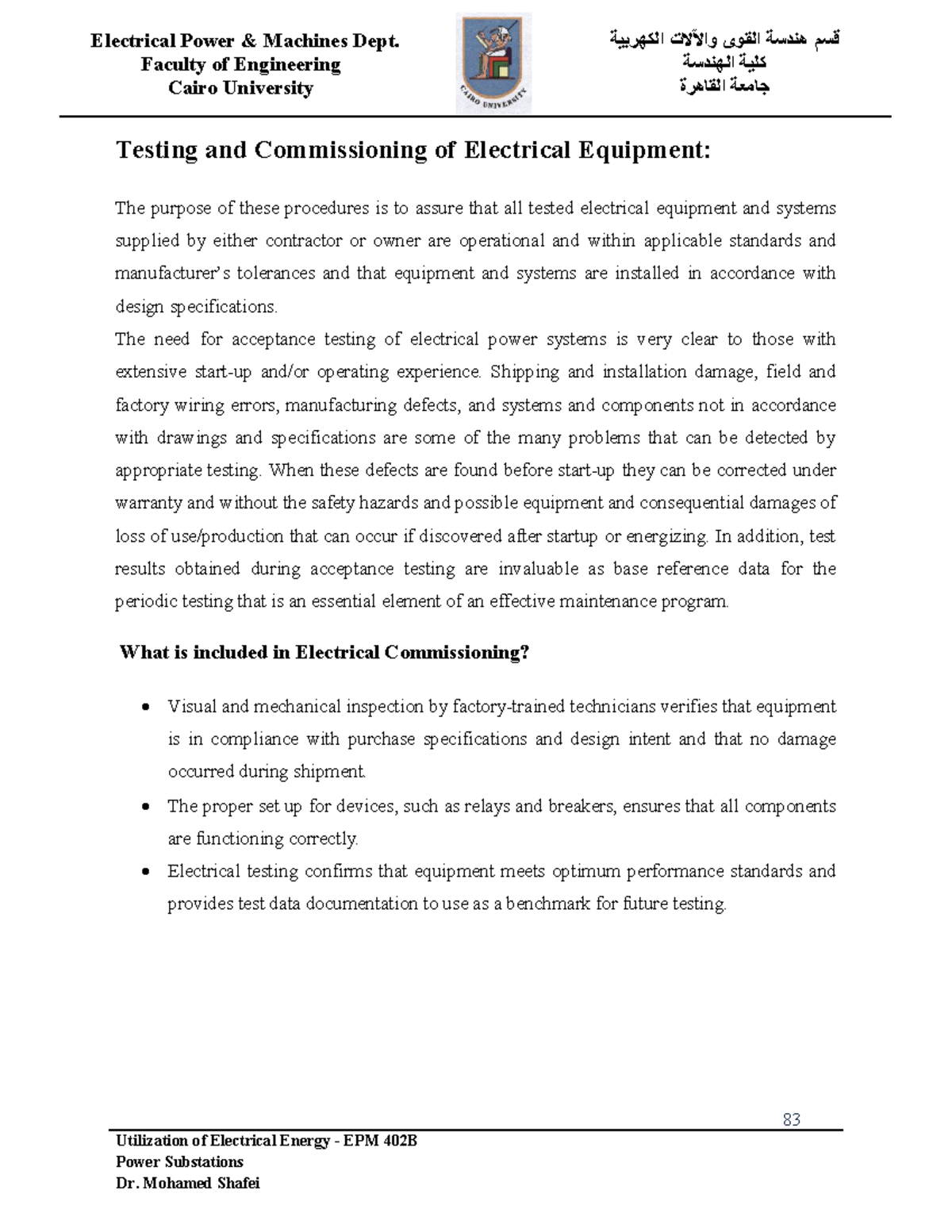 Lecture 9: Testing and Commissioning of Electrical Equipment - EPM 402B ...