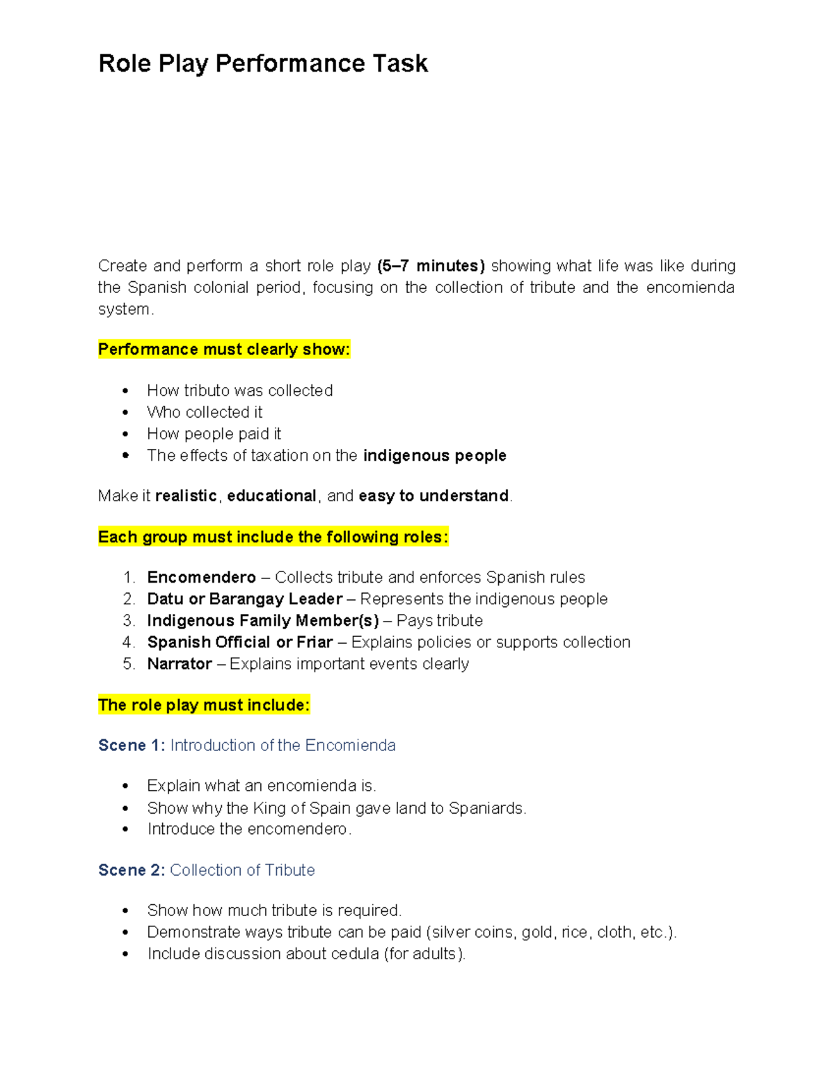 Spanish Colonial Role Play Task: Encomienda & Tribute Collection - Studocu