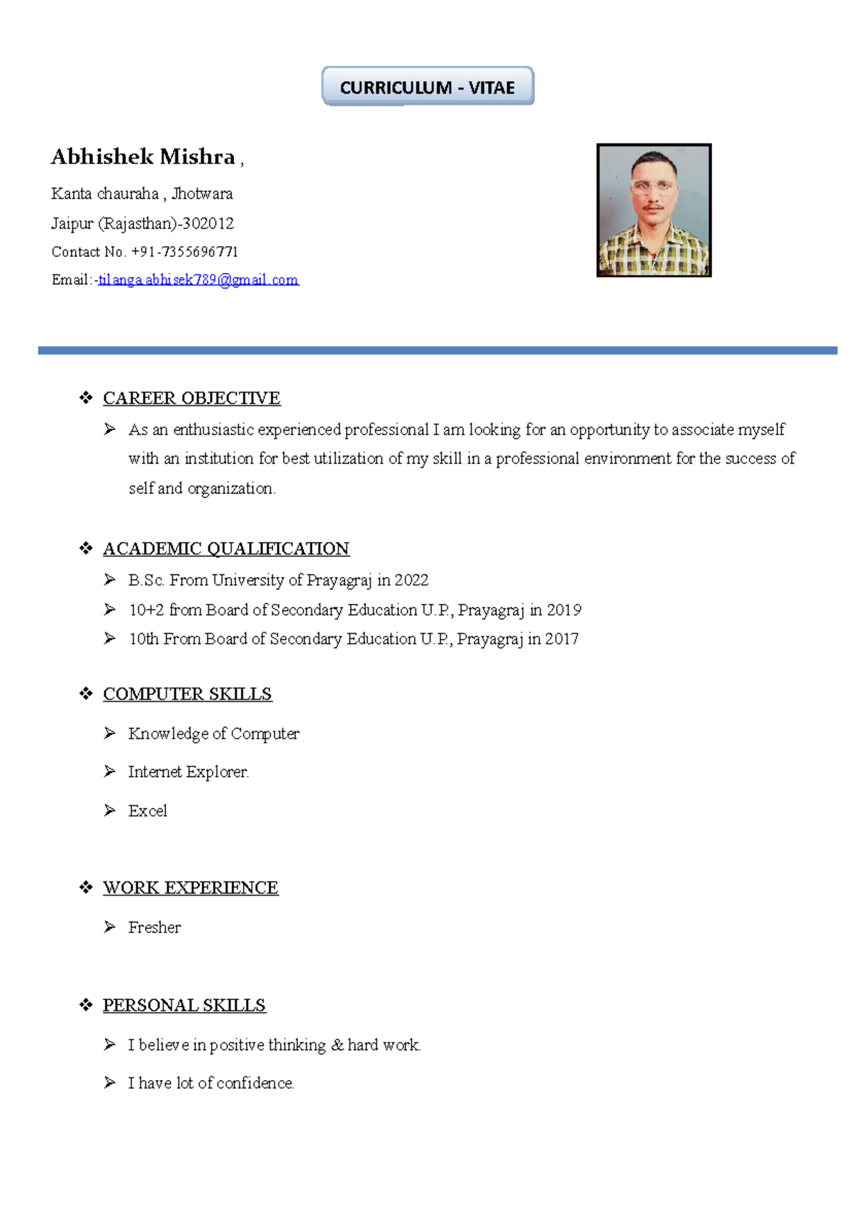 Resume[ Abhishek - Abhishek Mishra , Kanta chauraha , Jhotwara Jaipur ...