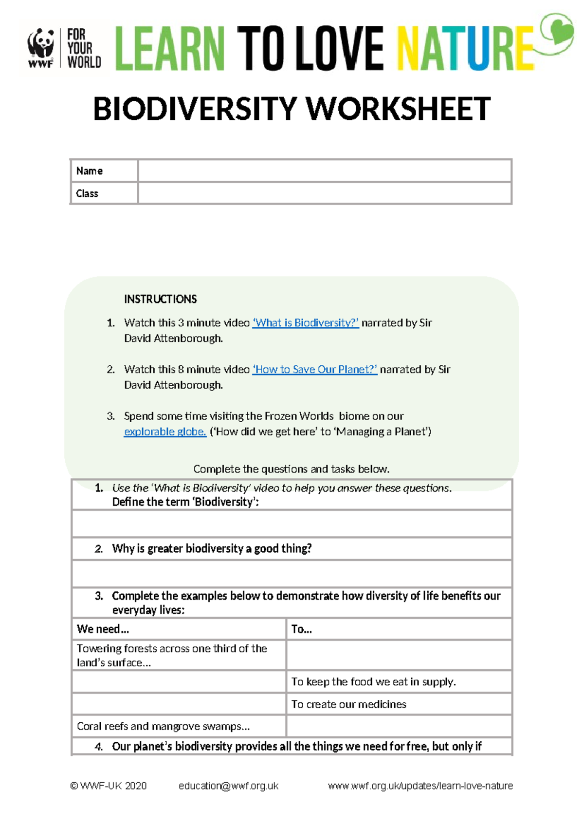 Biodiversity Worksheet: Key Concepts and Impacts on Our Planet - Studocu
