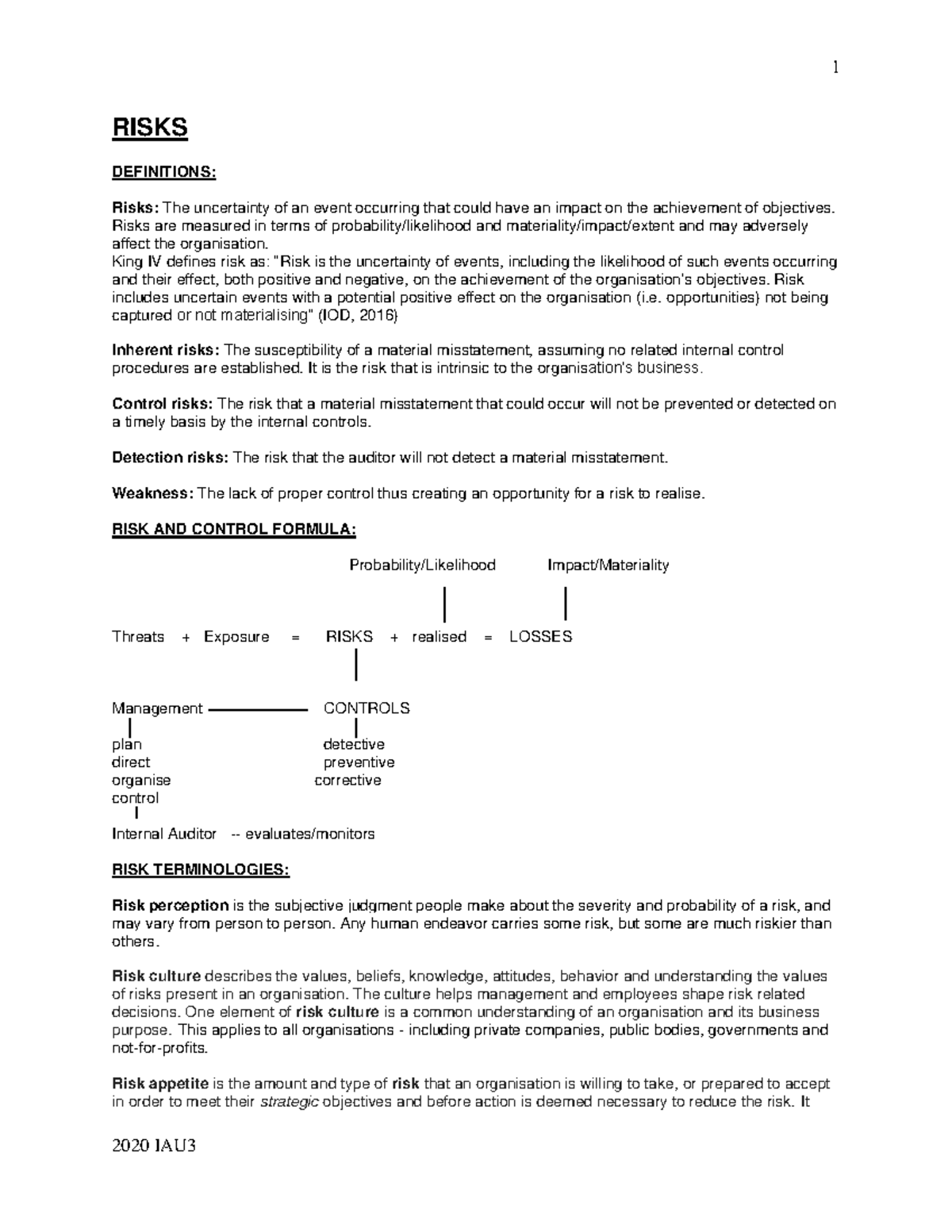 Risks Management and Terminologies Notes IAU3 - Studocu
