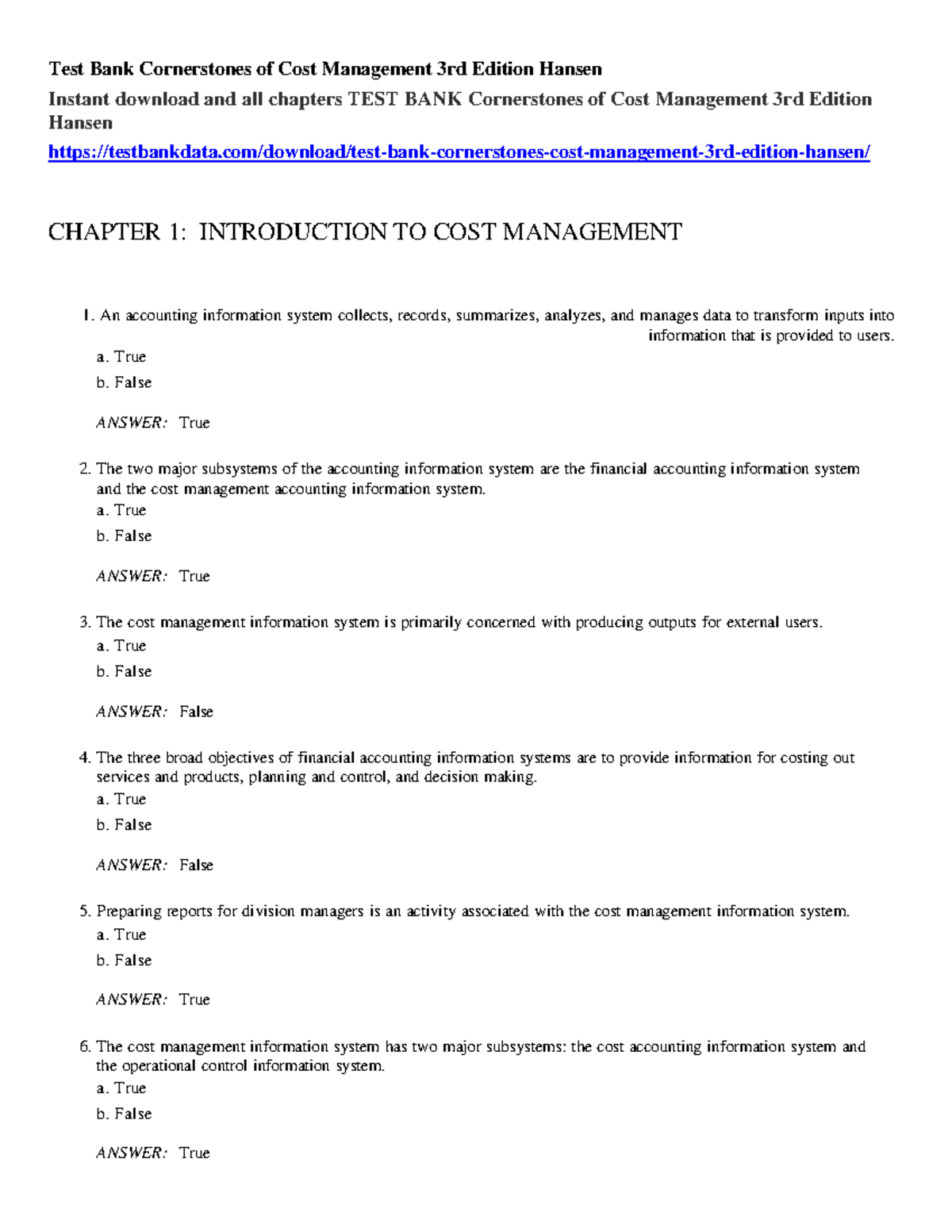 Chapter 1 Test Bank for Cost Management (CM 101) - Hansen Edition - Studocu