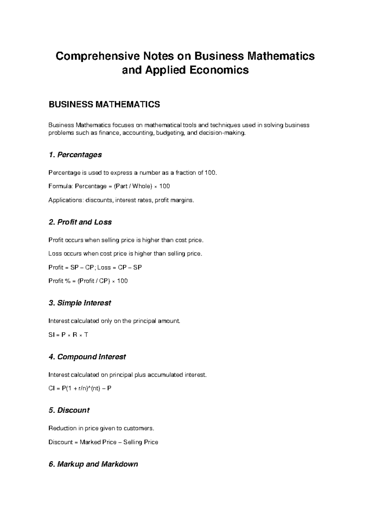 BUSINESS MATH & APPLIED ECON: Comprehensive Study Notes - Studocu