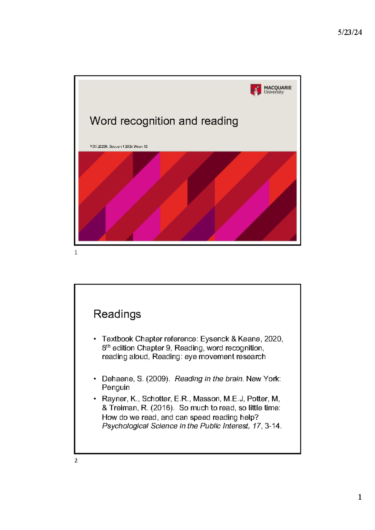 Word Recognition and Reading: PSYU2239 Week 12 Summary Notes - Studocu