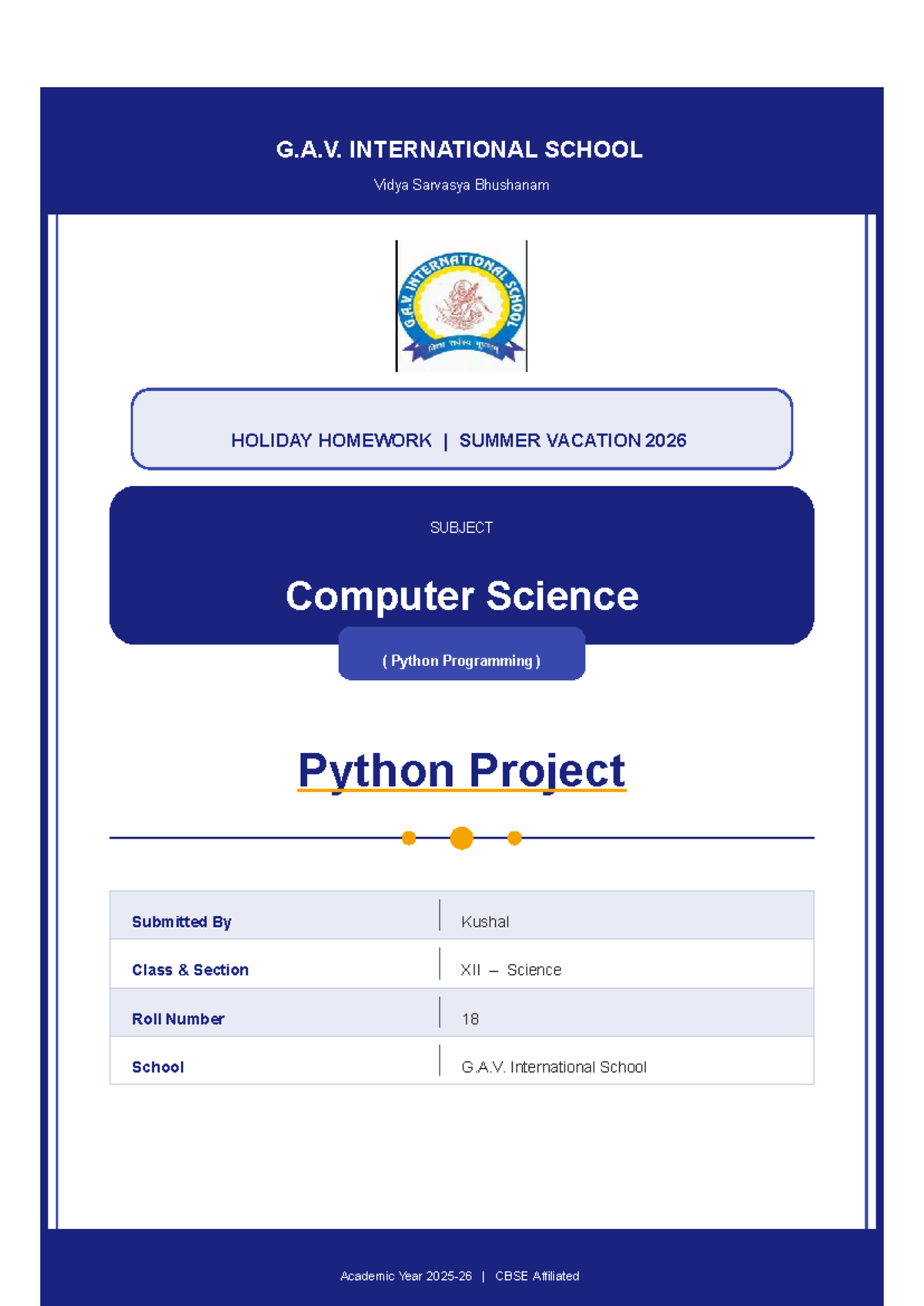 Holiday Homework: Python Programming Projects for Class 12 (CS) - Studocu