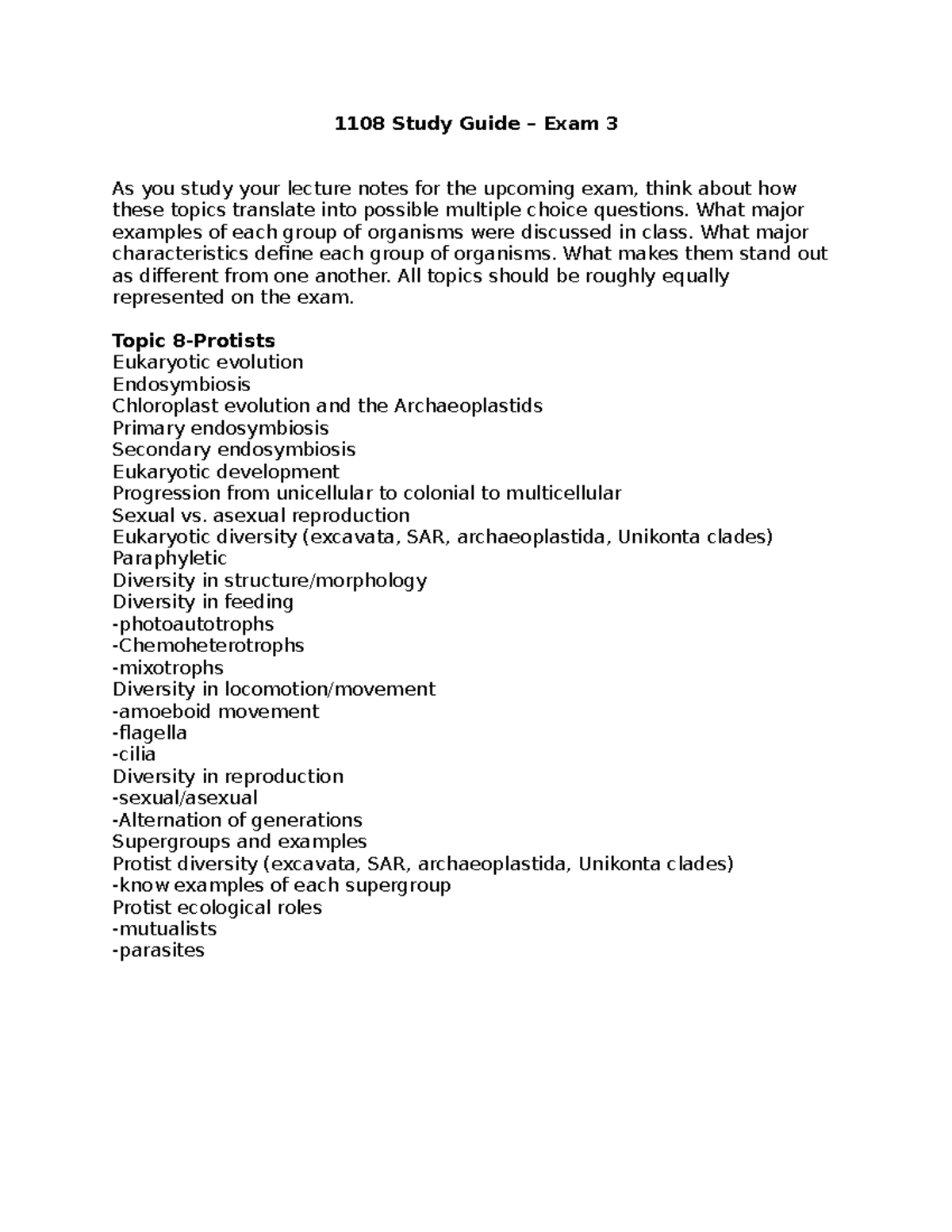 BIOL 1108 Study Guide – Exam 3: Protists, Plants, and Fungi - 1108 ...
