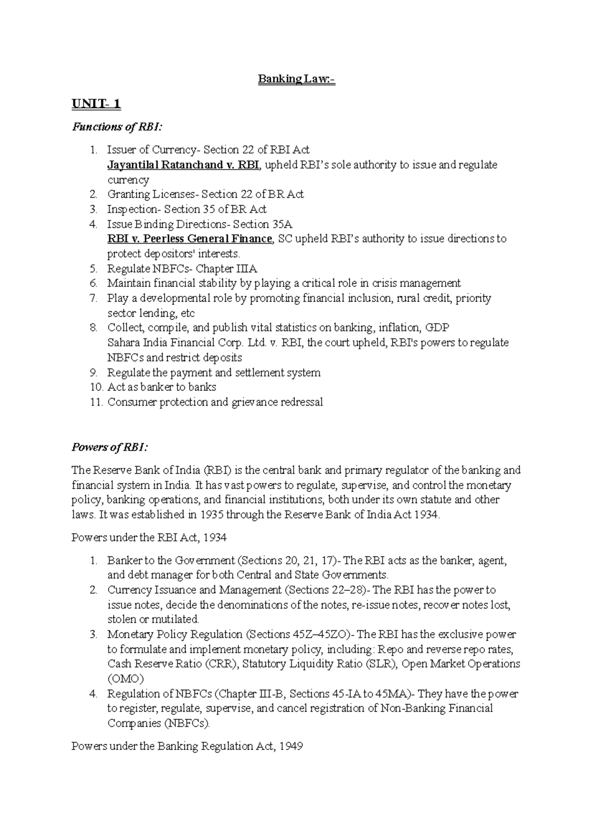 Banking Law - Unit 2: Functions and Powers of RBI and DICGC - Studocu