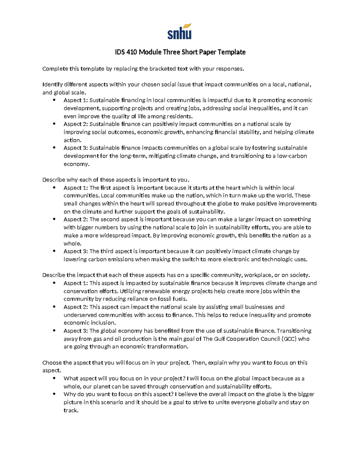 IDS 410 Module 3 Short Paper: The Global Impact of Sustainable Finance ...