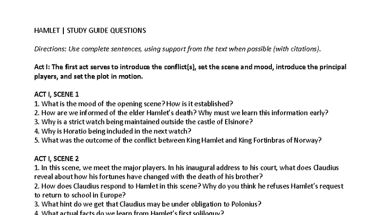 HAMLET (ENG 101) STUDY GUIDE QUESTIONS: ACTS I-V Analysis - Studocu