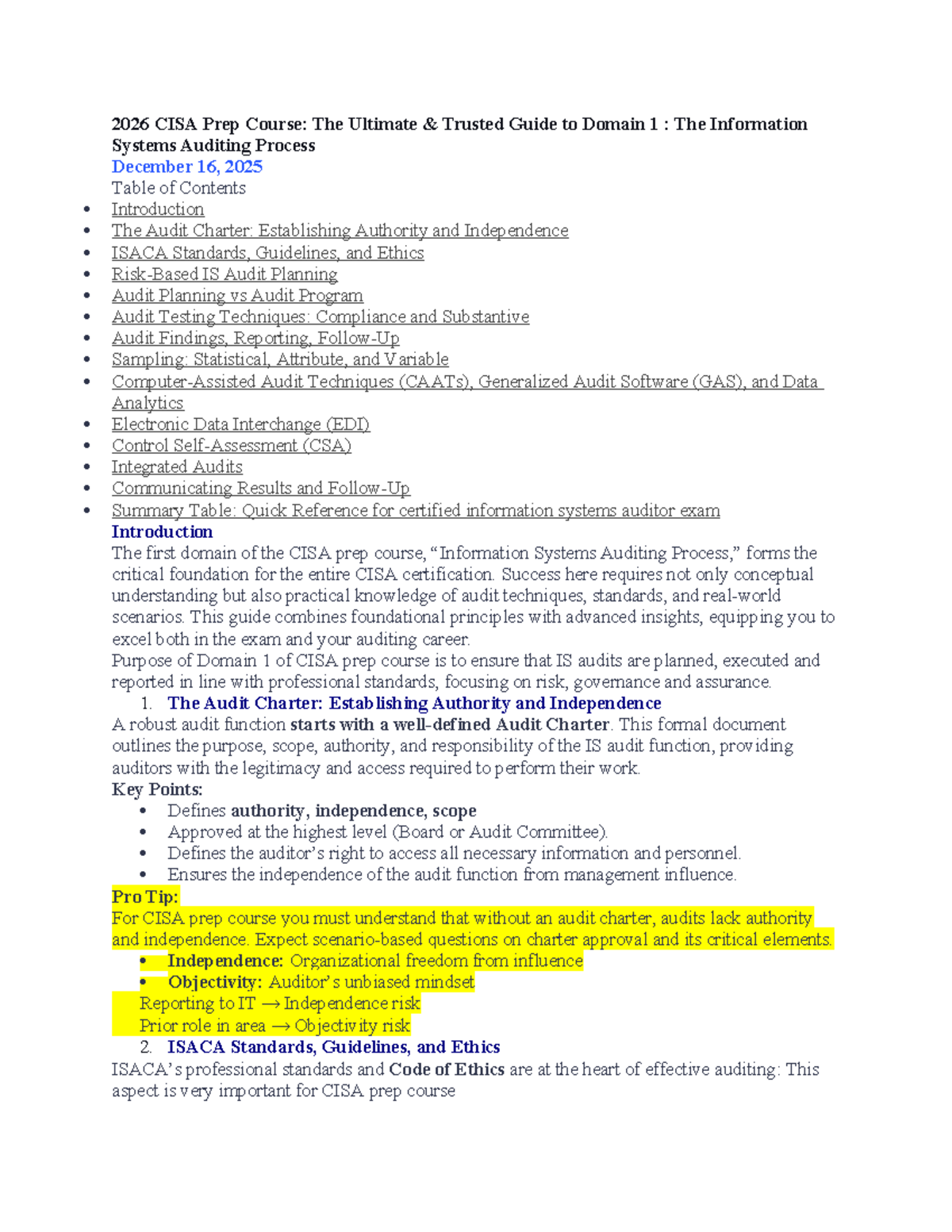 2026 CISA Prep Course: Comprehensive Notes for Domain 1 - IS Auditing ...