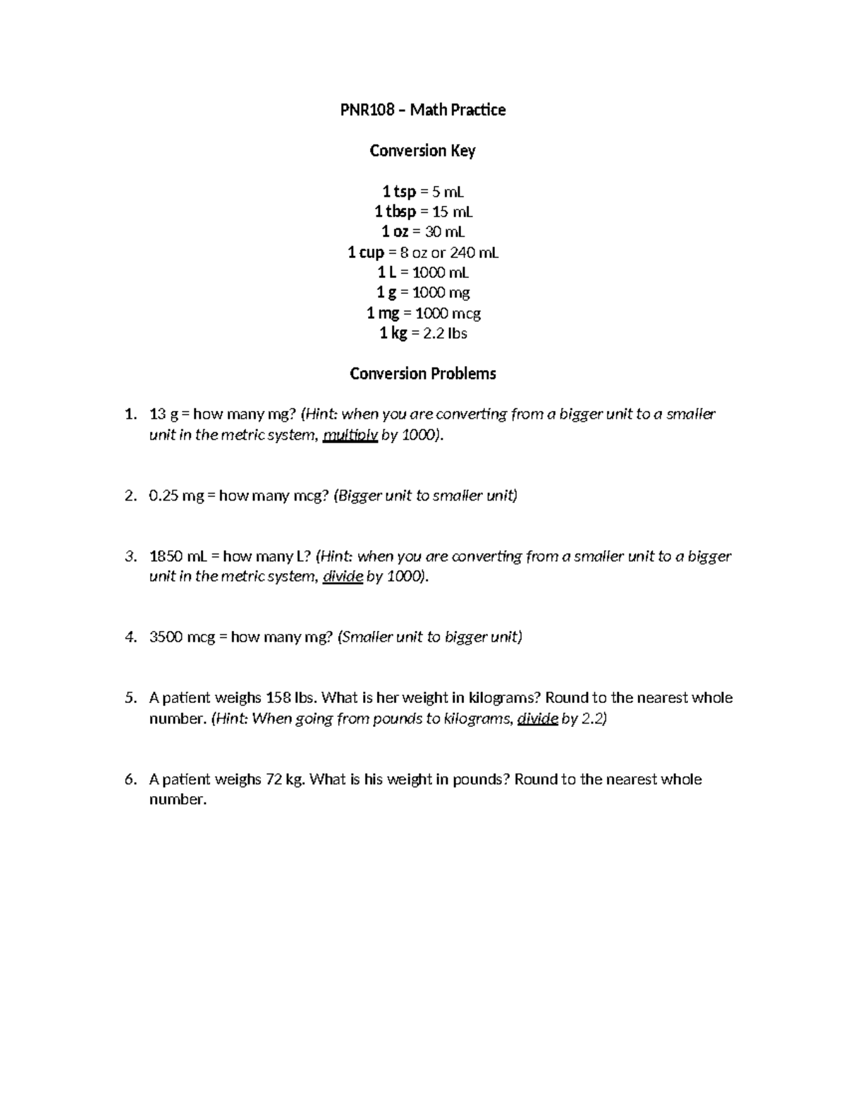 PNR134 Exam 2 Math Practice: Conversion & Fluid Calculations - Studocu