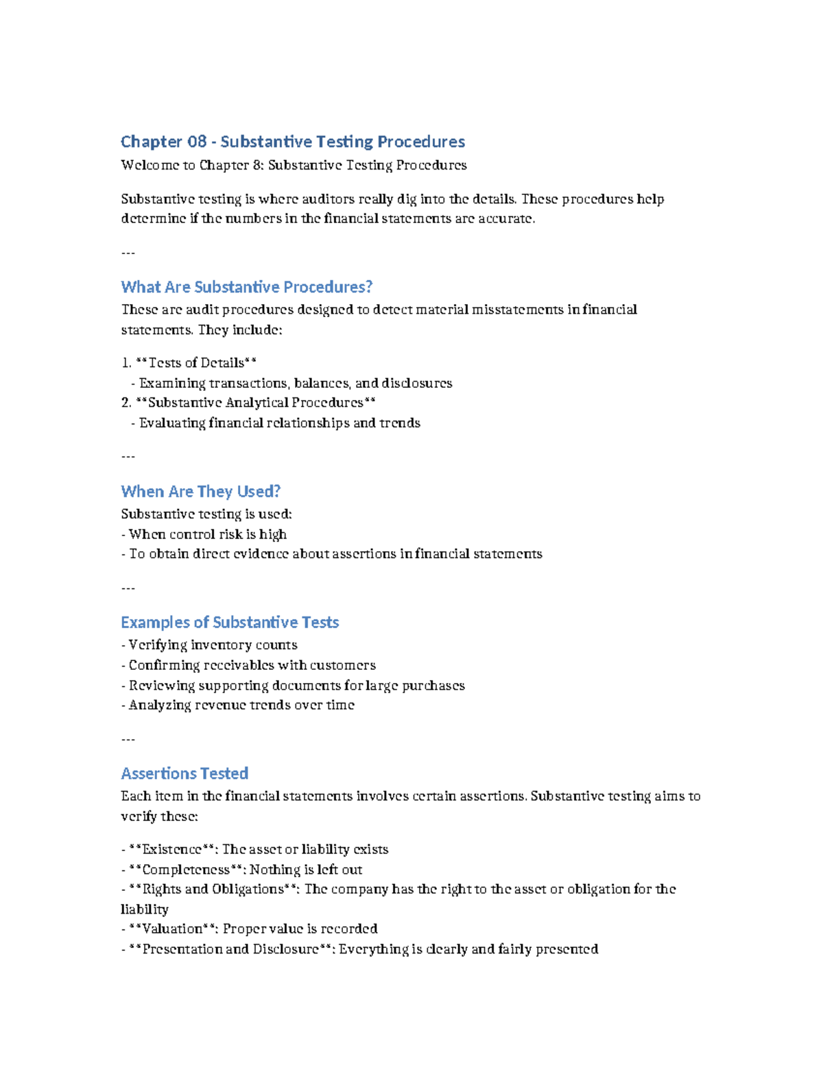 Chapter 08 - Substantive Testing Procedures Overview - Studocu