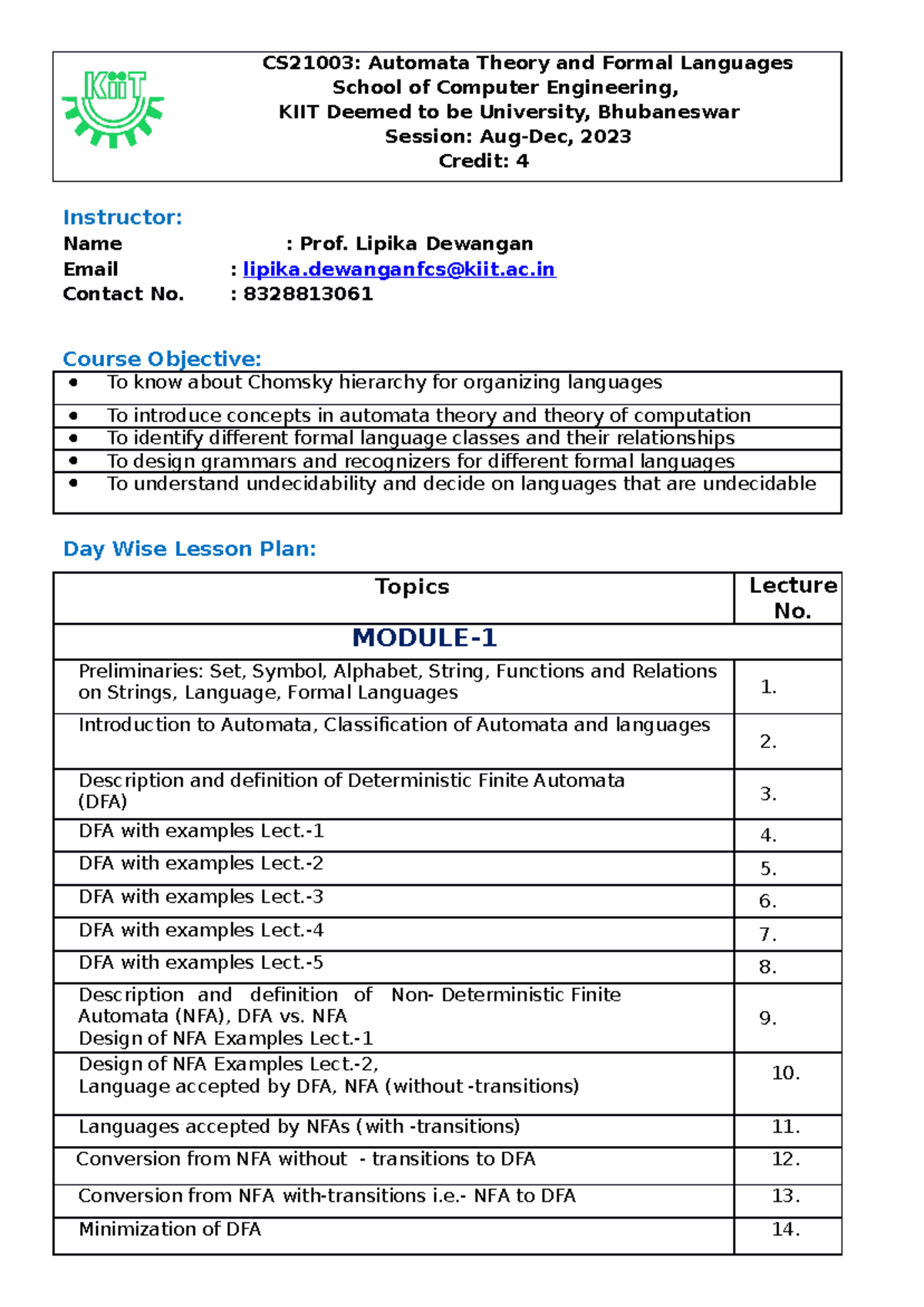CS21003 Automata Theory Course Plan and Activity Calendar - Studocu