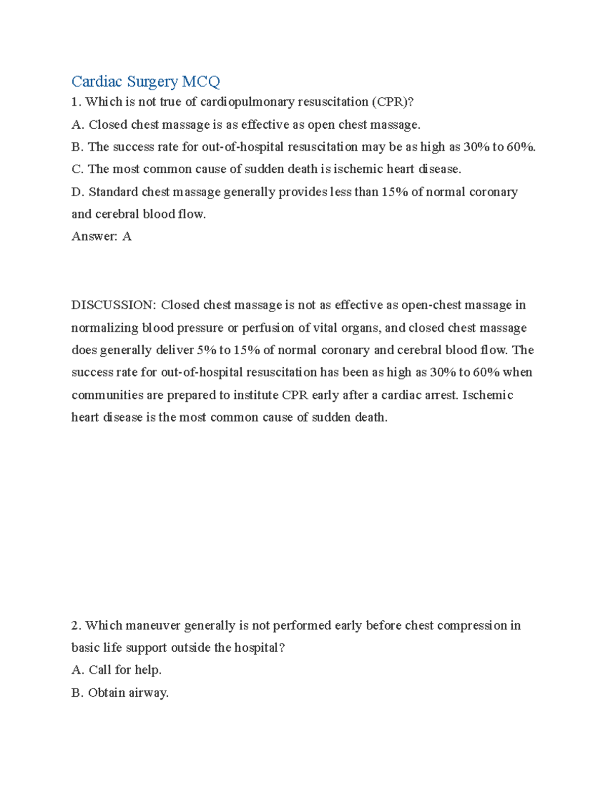 Cardiac Surgery MCQ Practice Questions and Discussions (Course Code ...