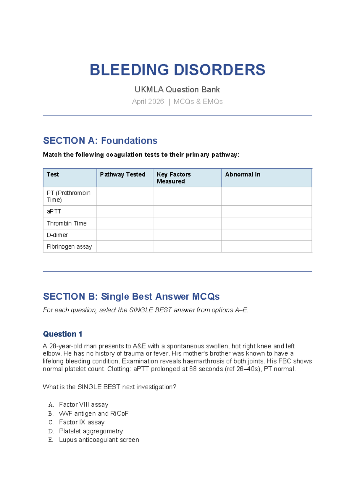 UKMLA Bleeding Disorders Question Bank - April 2026 MCQs & EMQs - Studocu