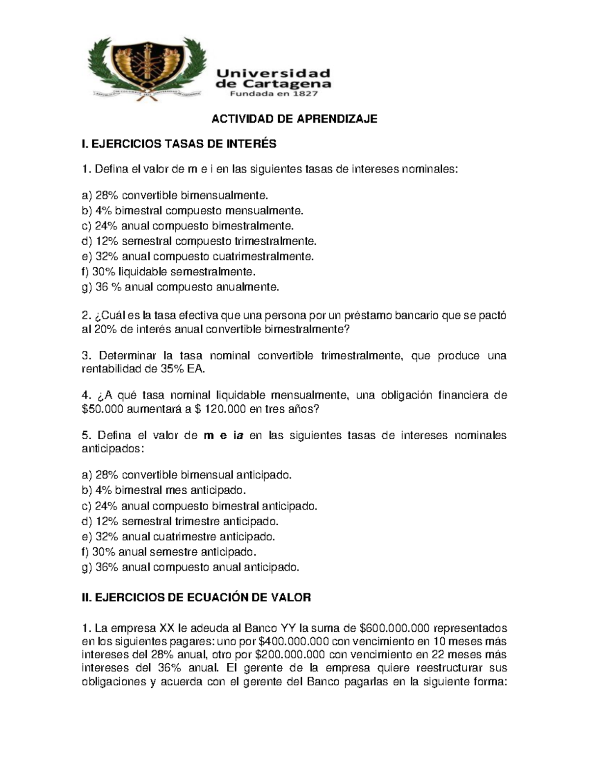 Actividad de Aprendizaje I: Ejercicios sobre Tasas de Interés y ...