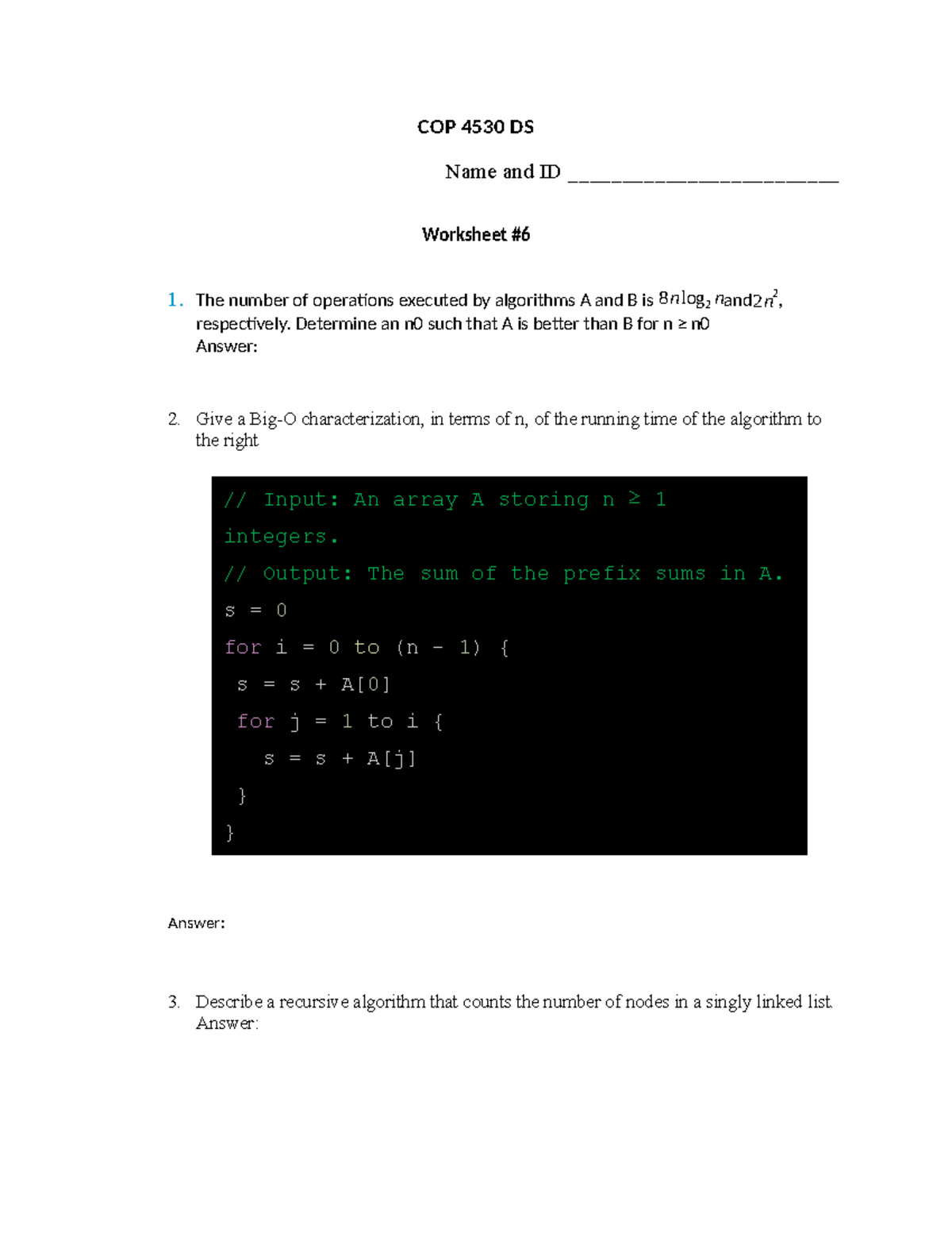 Worksheet #6: Algorithm Analysis & Recursive Counting (COP 4530) - Studocu