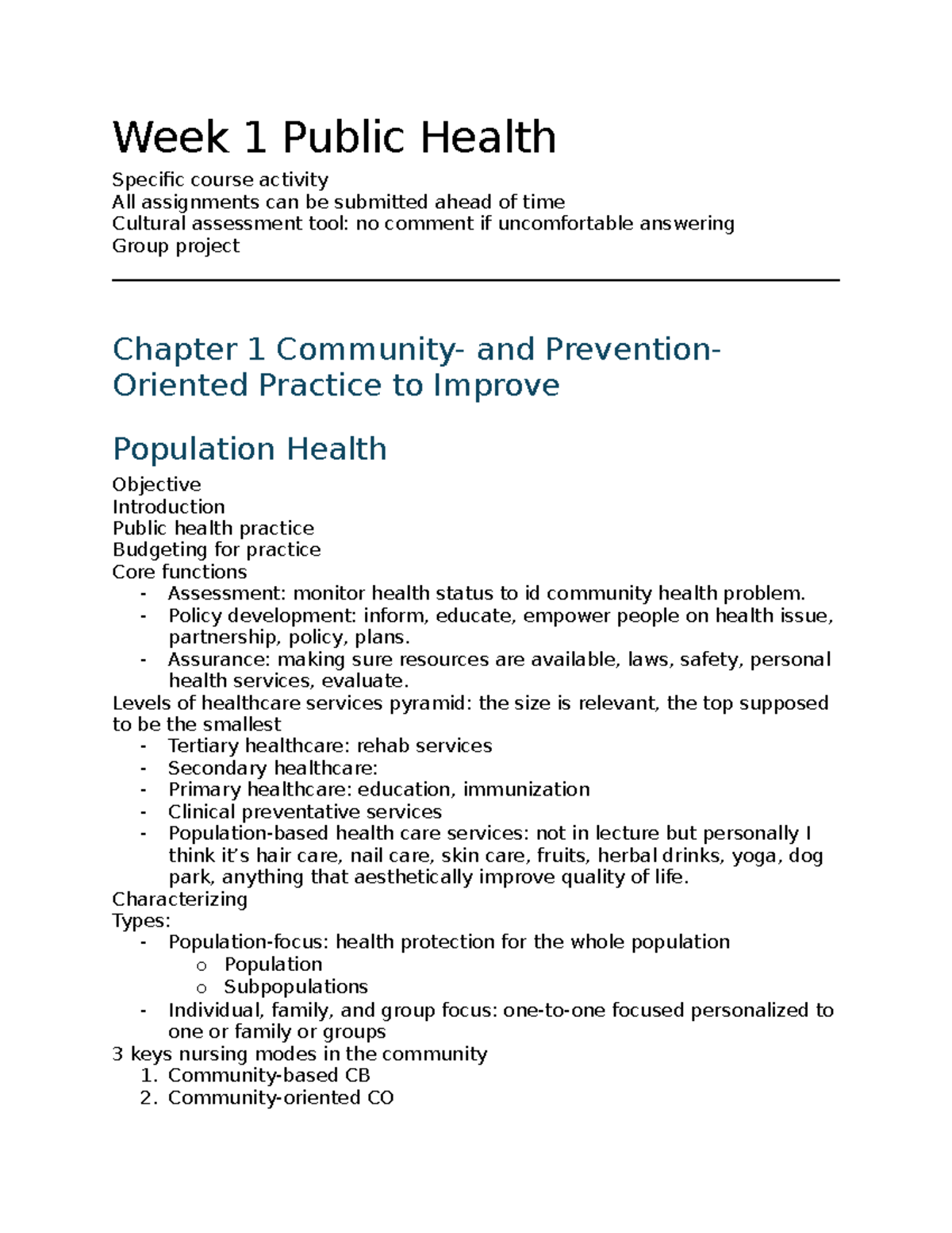 Week 1 Public Health - week 1 class - Week 1 Public Health Specific ...