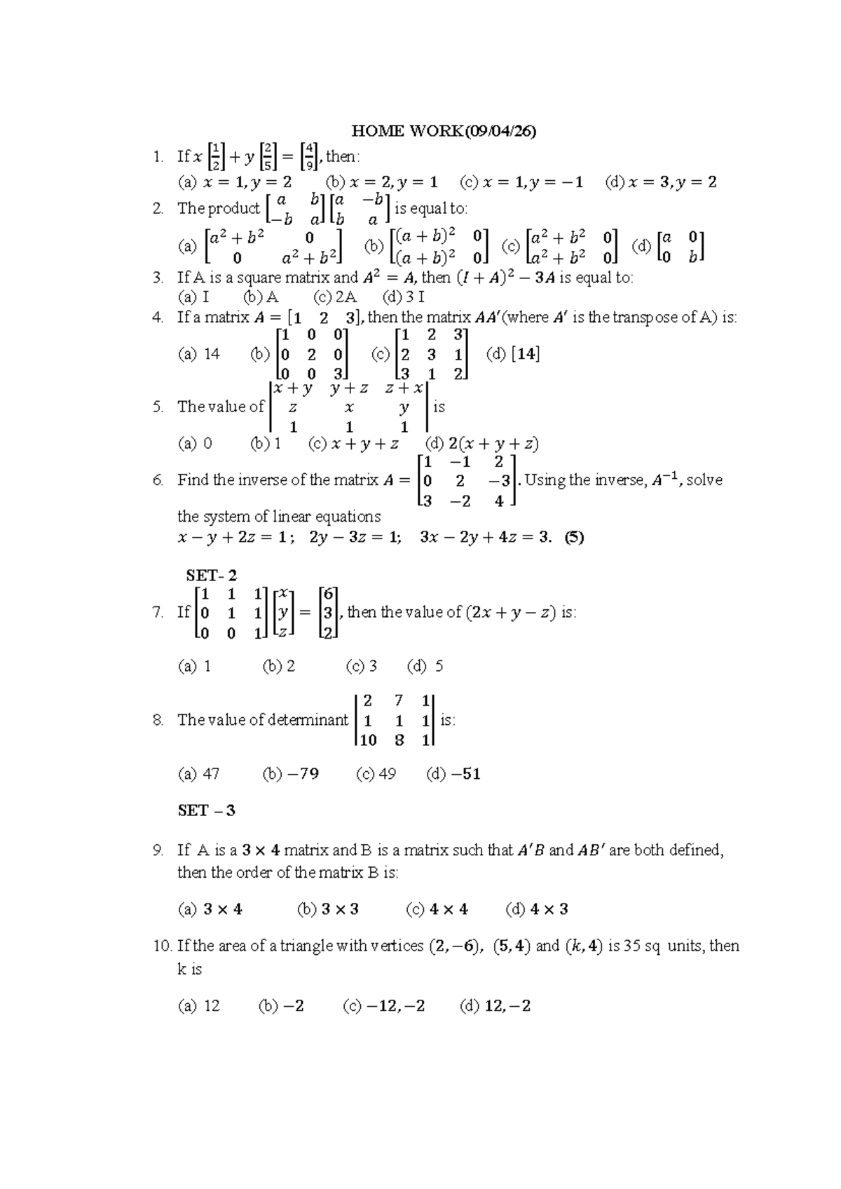 Linear Algebra Homework (MATH 101) - Matrix Operations and Inverses ...