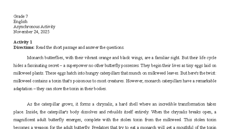 Grade 7 English Asynchronous Activity: Monarch Butterfly Insights - Studocu