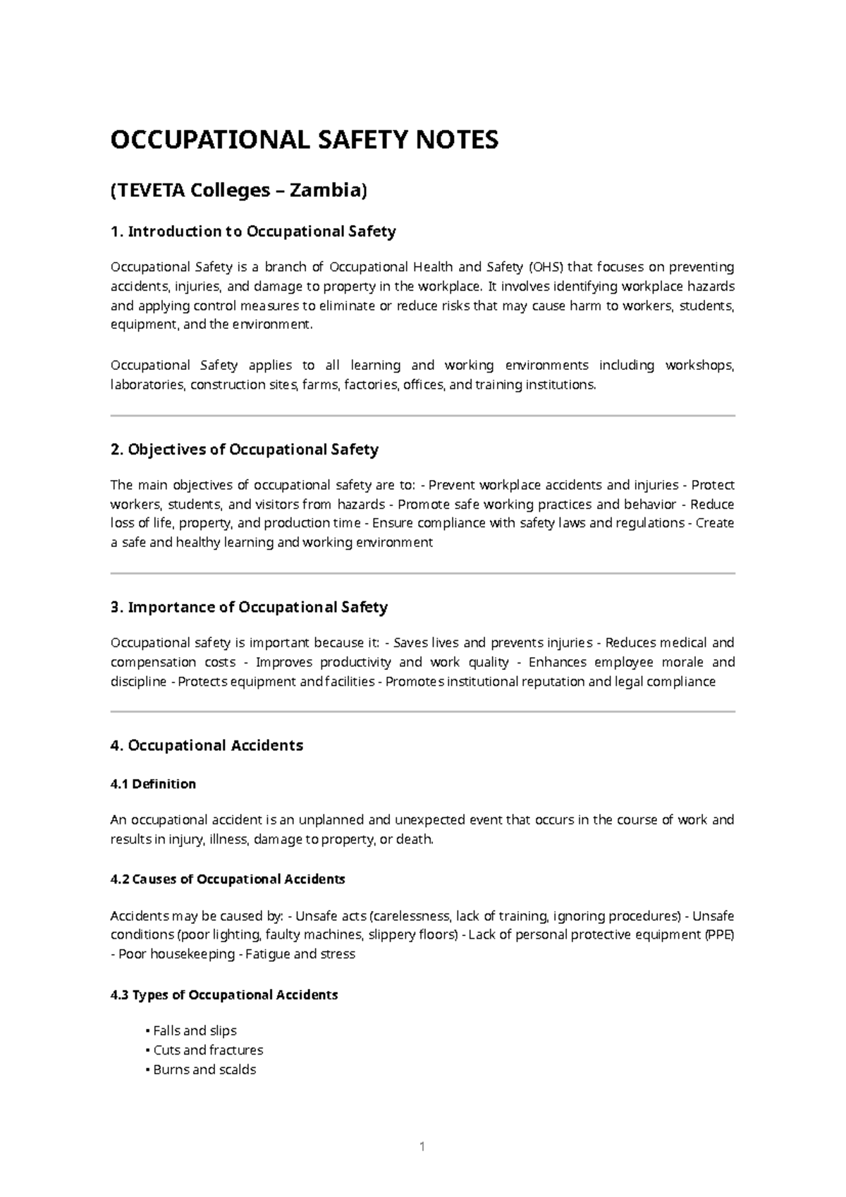 Occupational Safety Notes (TEVETA Colleges Zambia) - Studocu