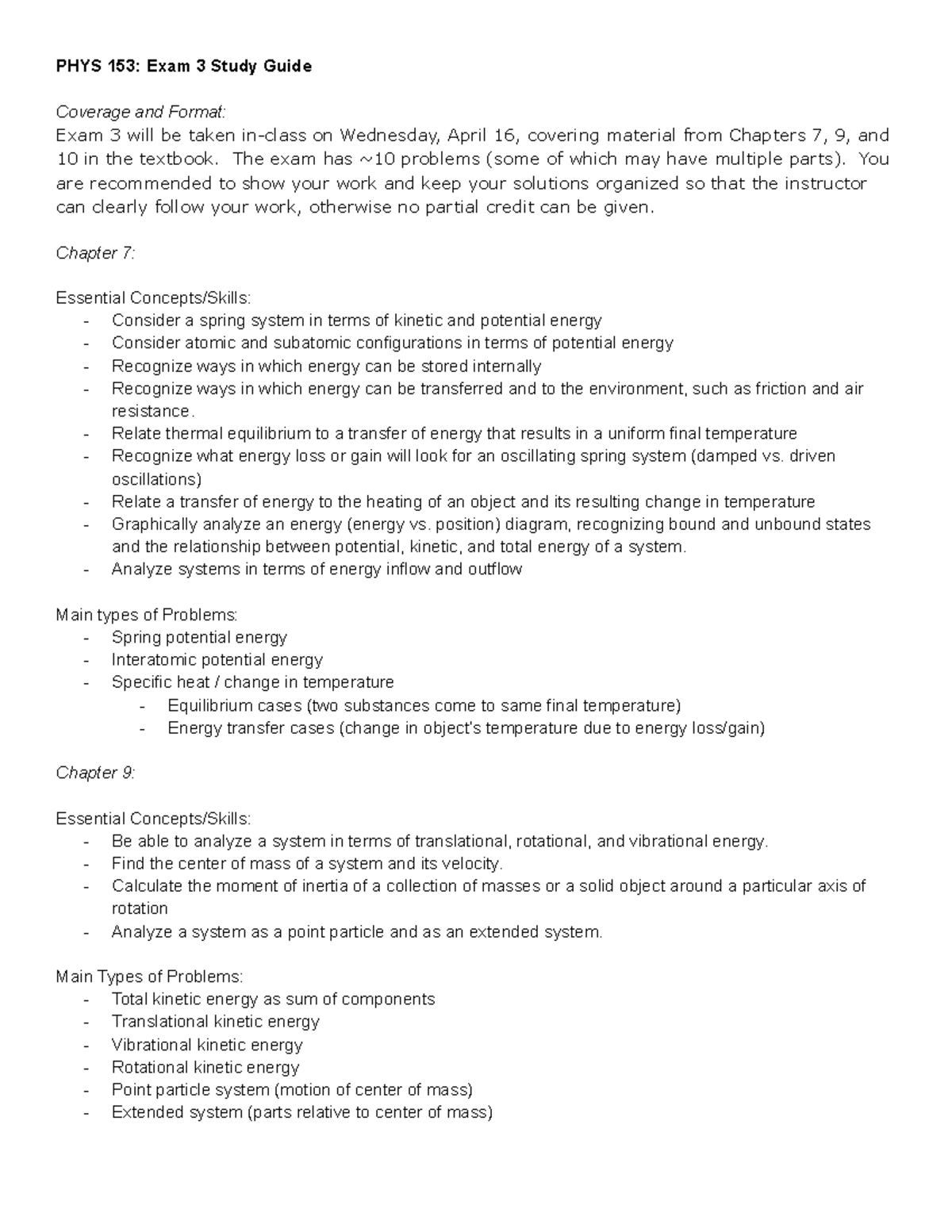 PHYS 153: Exam 3 Study Guide - Material from Chapters 7, 9, and 10 ...