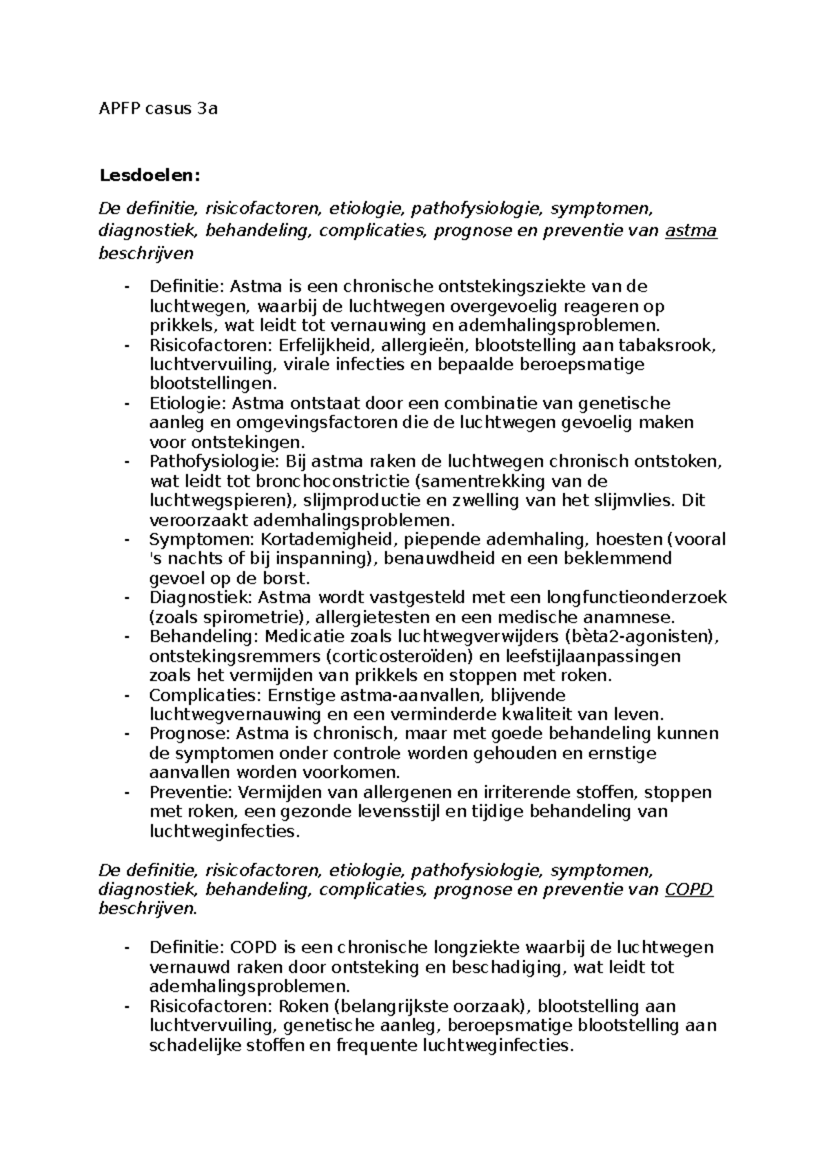 APFP Casus 3a - Samenvatting van Astma, COPD en Pneumothorax - Studeersnel