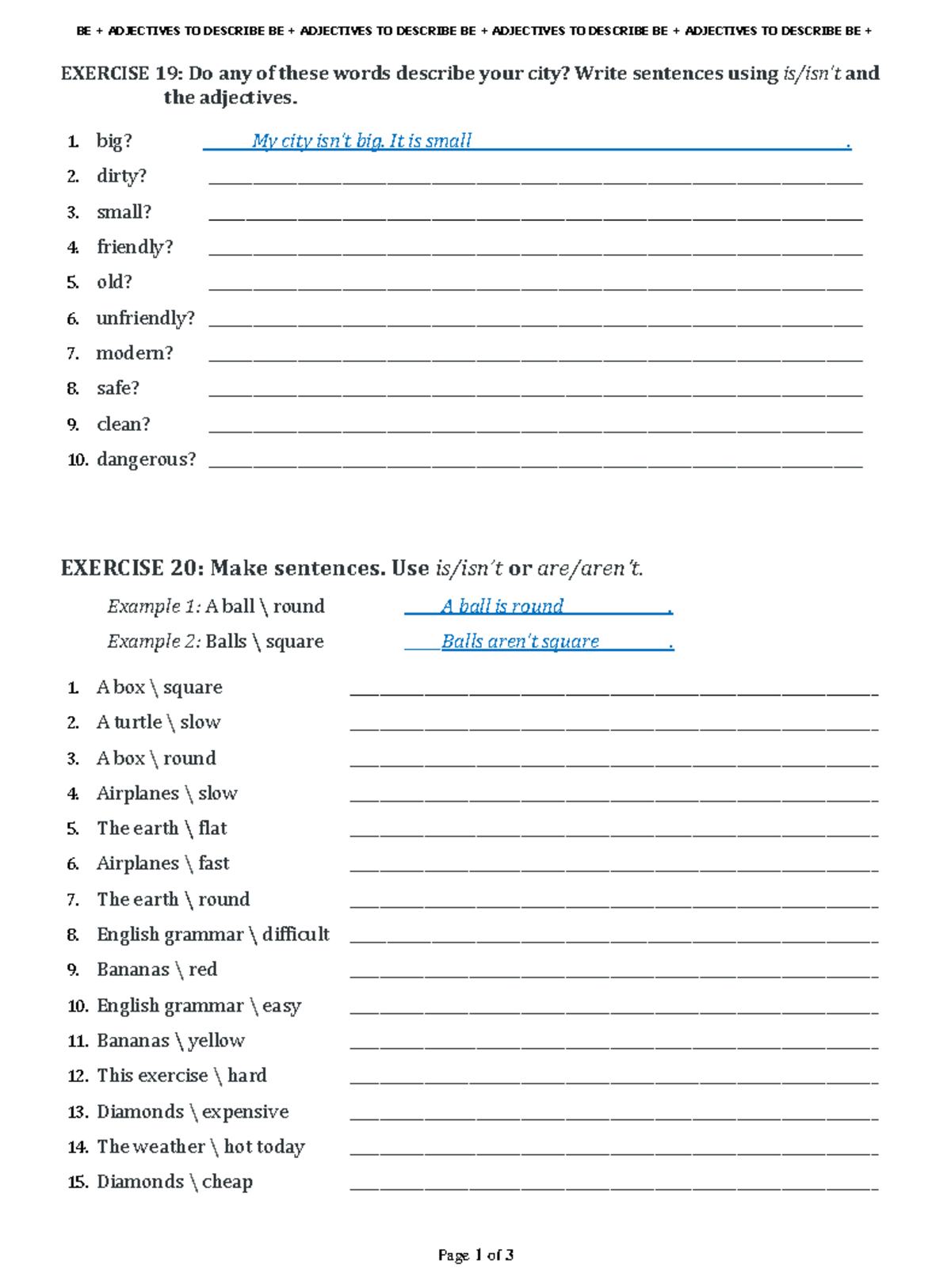 BE + Adjectives to Describe: Exercises and Examples - Studocu