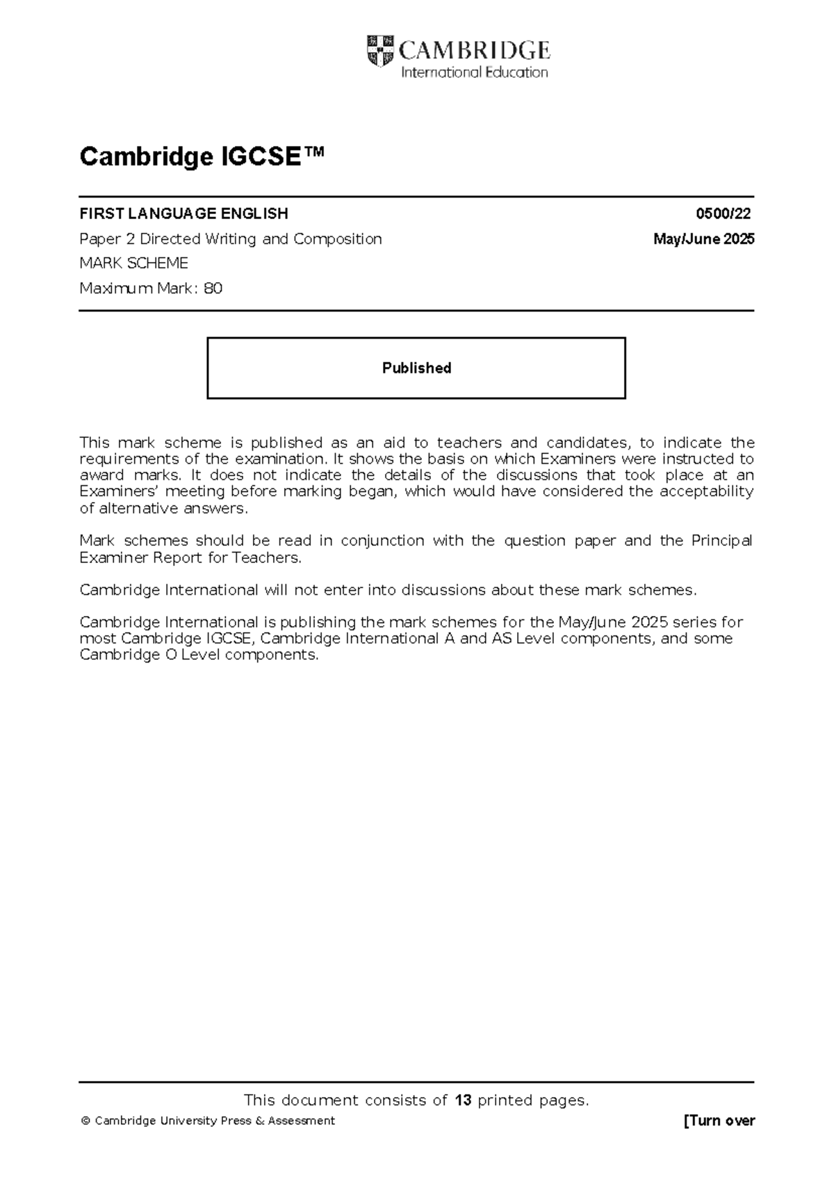 Cambridge IGCSE 0500 Paper 2 Mark Scheme 2025 - Studocu