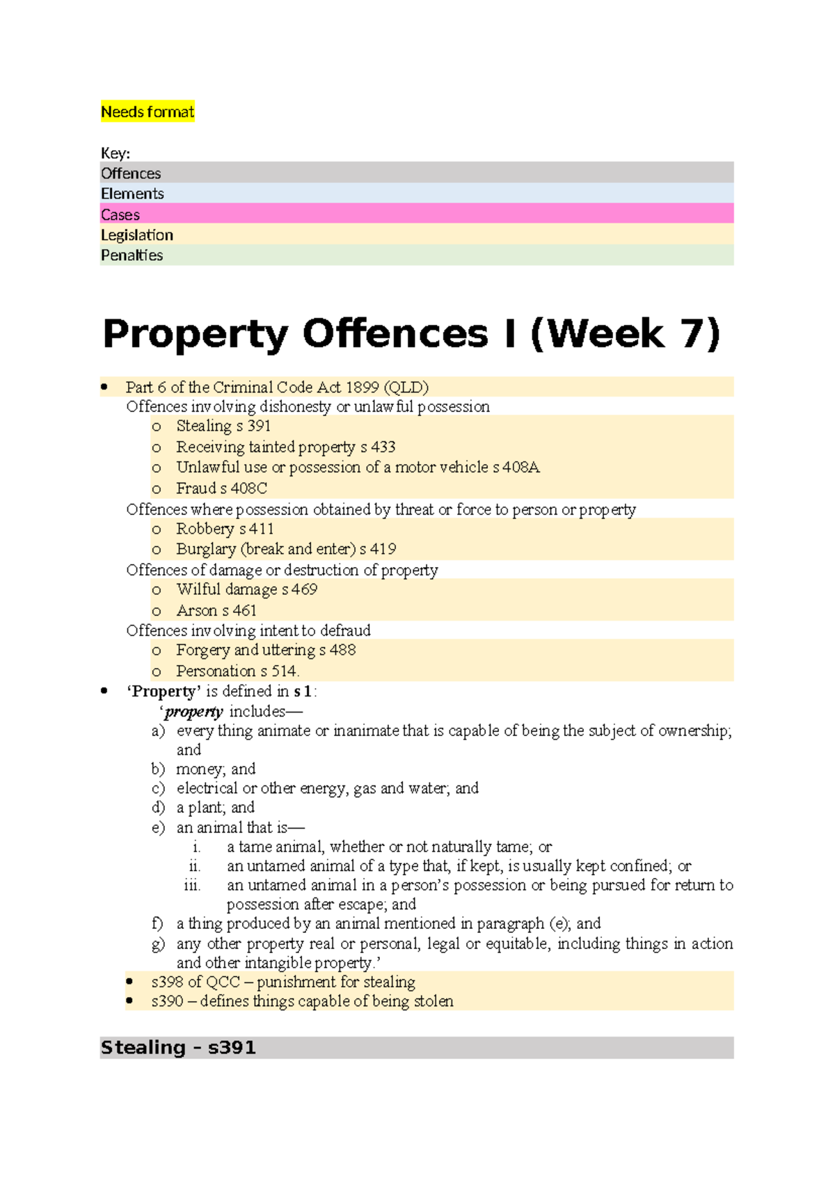 Property Offences Lecture Notes (Week 7) - Criminal Code QLD - Studocu